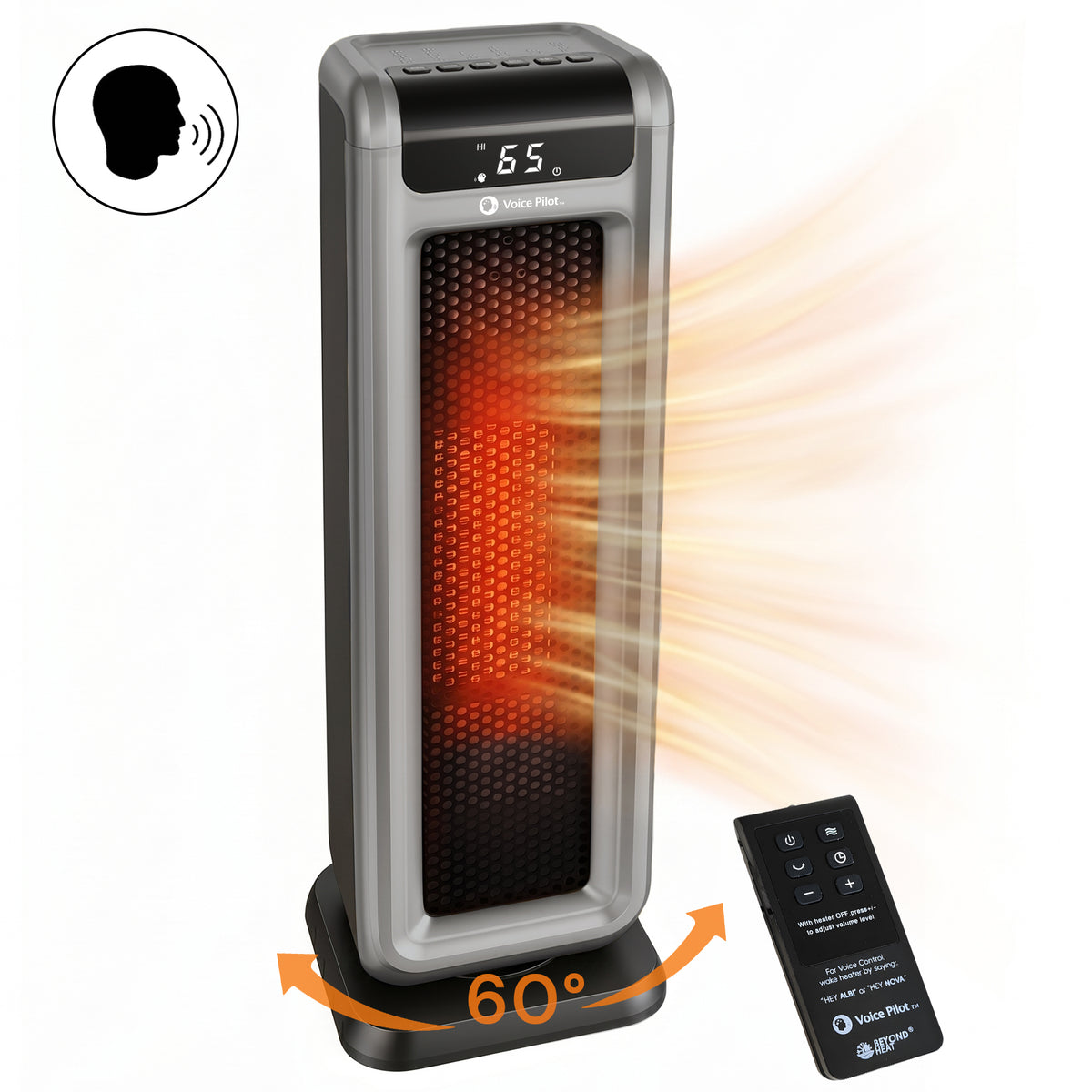 Voice Pilot 23" Oscillating Tower Space Heater with Offline Voice Control, Favorite Setting, Cool-Touch Grille, Tip-Over Alarm & Shutoff, Braille Tactile Buttons, 8H Timer, Silver Grey