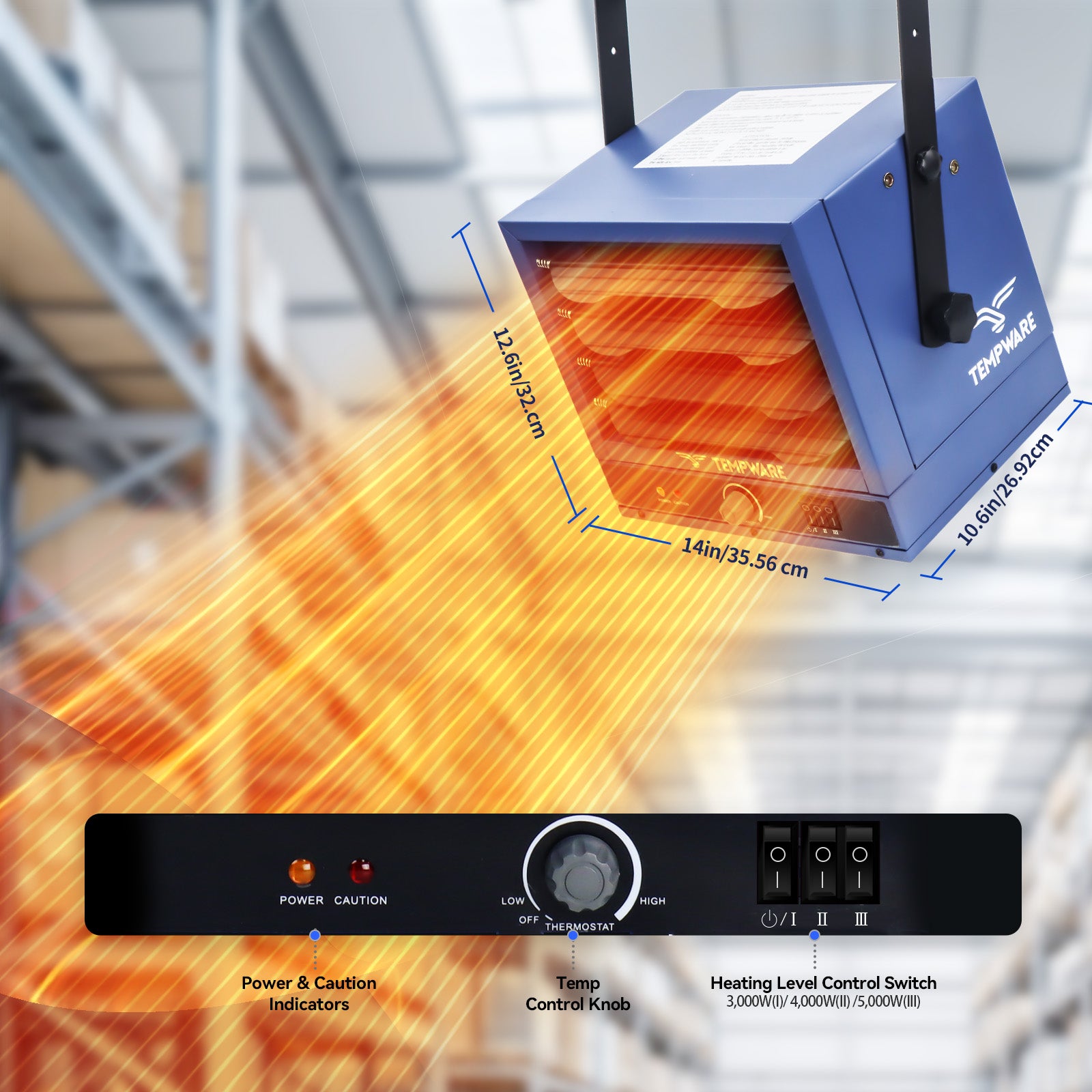 TEMPWARE 5000W 240V Electric Garage Heater, Hardwired Fan Forced Ceiling Mount Shop Heater with Thermostat and Overheat Protection, Ideal for Warehouse, Workshop