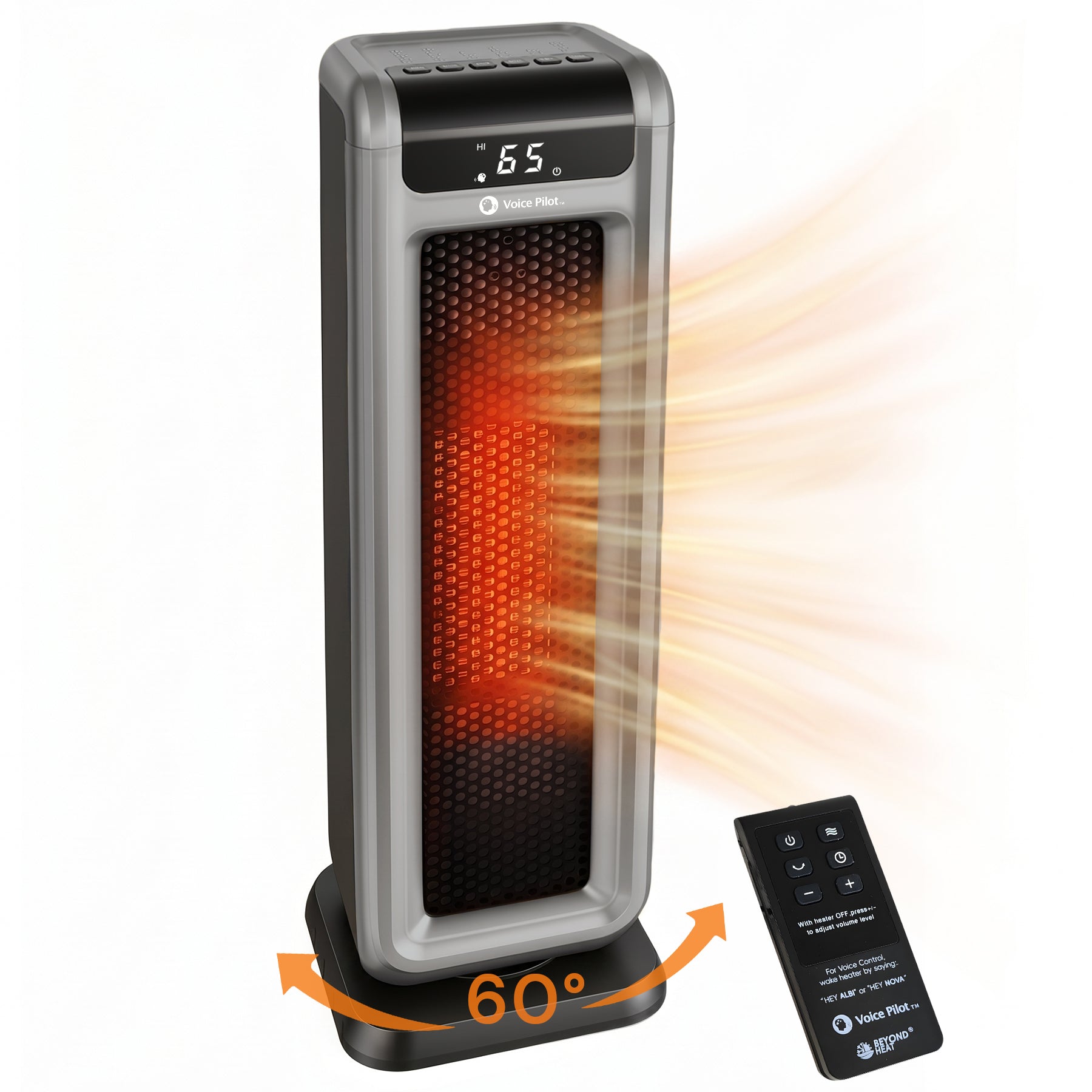 Voice Pilot 23“ Oscillating Tower Space Heater with Offline Voice Control, Favorite Setting, Cool-Touch Grille, Tip-Over Alarm & Shutoff, Braille Tactile Buttons, 8H Timer, Silver Grey