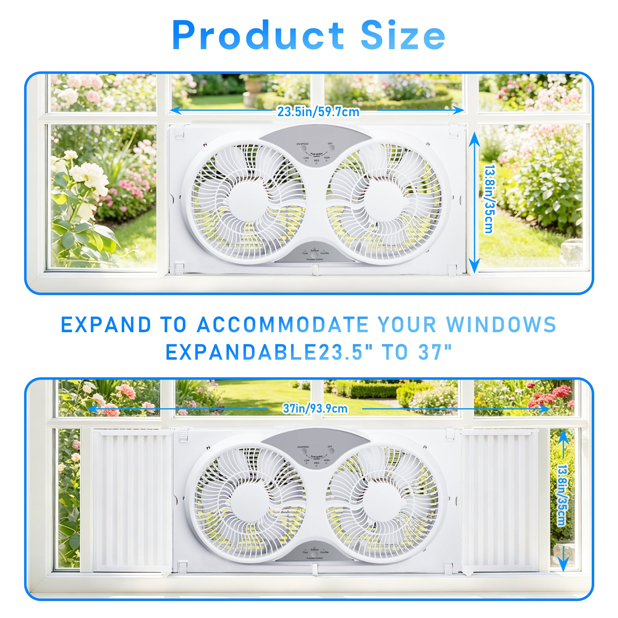 BEYOND BREEZE 9" Twin Window Fan with Reversible Airflow, 3-Speed Expandable Exhaust Fan with Remote Control for Home and Kitchen