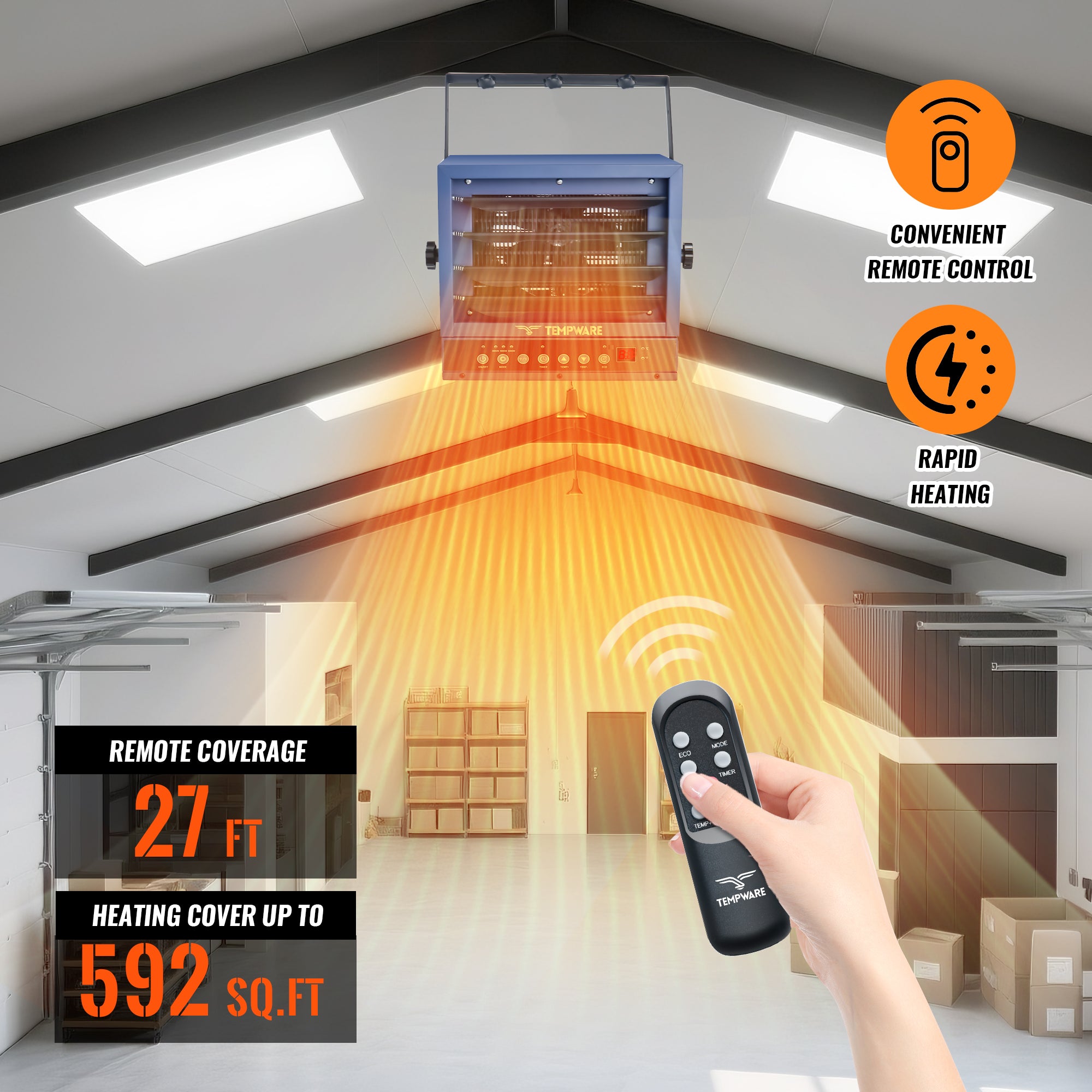 TEMPWARE 5000W Electric Garage Heater with Remote, 240V WIFI Hardwired Ceiling Mount Shop Heater with Digital Thermostat and Overheat Protection, Ideal for Workshop Garage and Warehouse
