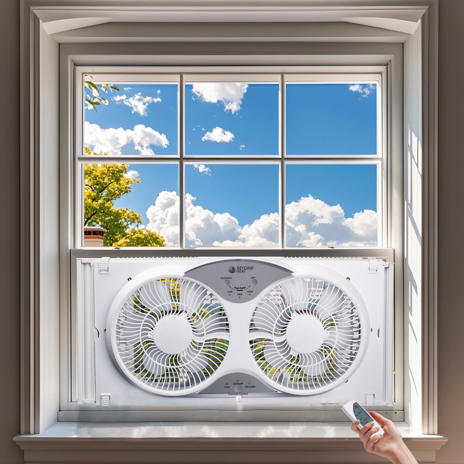 BEYOND BREEZE 9 inch Blades Twin Window Fan, 3-Speed 3-Function Expandable Dual Window Fan with Reversible Airflow Blades and Remote Control for Kitchen, Home, Bathroom, Width Adjustable