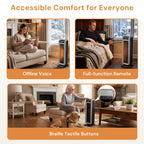 Voice Pilot 23“ Oscillating Tower Space Heater with Offline Voice Control, Favorite Setting, Cool-Touch Grille, Tip-Over Alarm & Shutoff, Braille Tactile Buttons, 8H Timer, Silver Grey