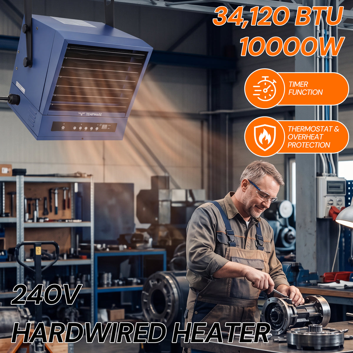 10000W Powerful Hardwired Industrial Heater for Garage with APP & Remote Control