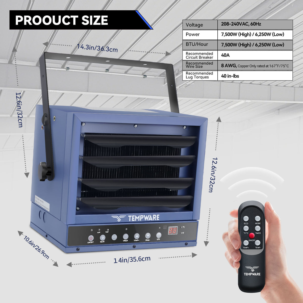 TEMPWARE 7500W Electric Garage Heater, 240V Hardwired Heater