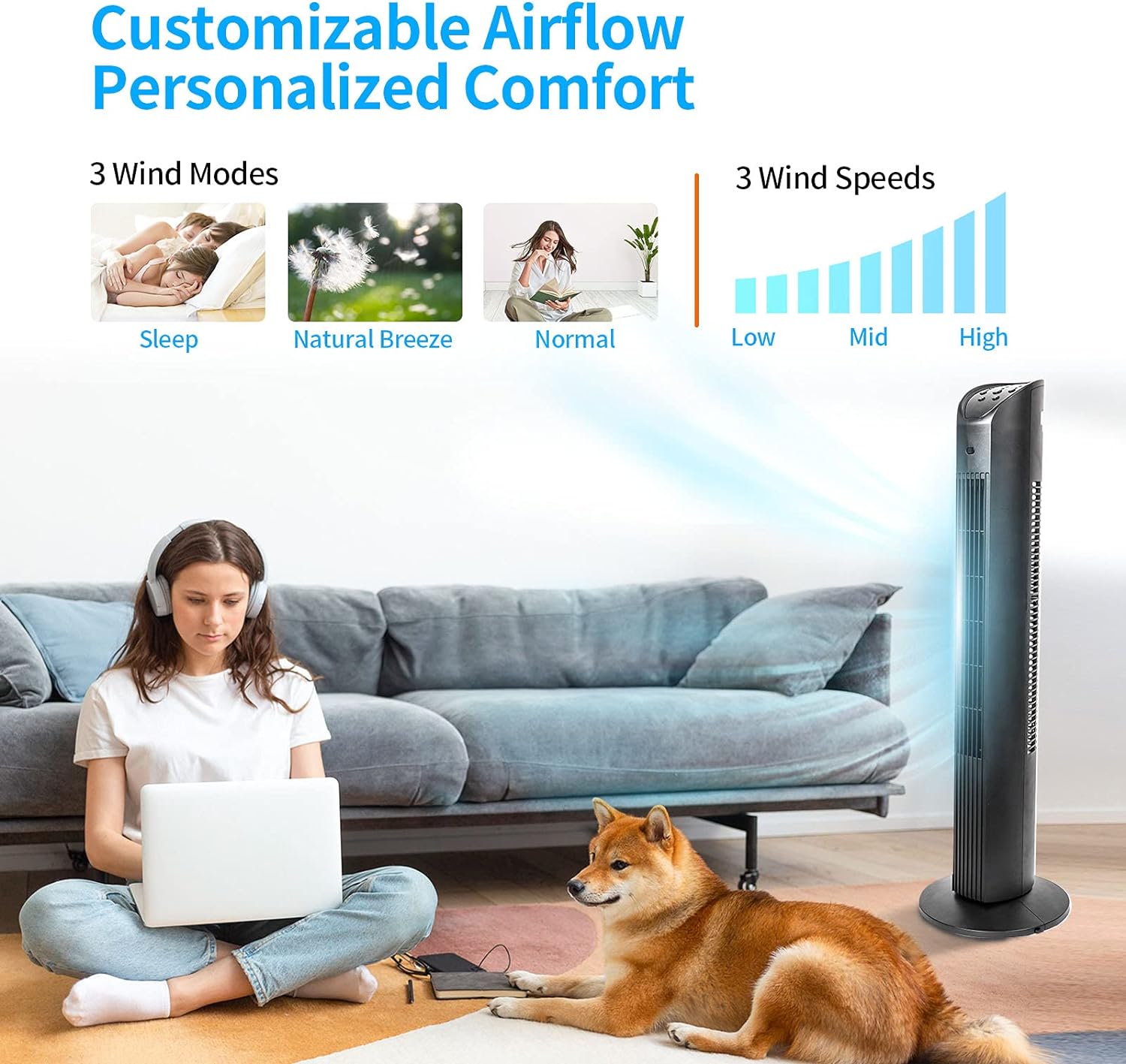 BEYOND BREEZE Tower Fan with Remote, 90° Oscillating Bladeless Fan, 36 Inch, Quiet with 3 Speeds, 8H Timer, 3 Modes, Black Indoor Floor Fans for Home Bedroom Office Room