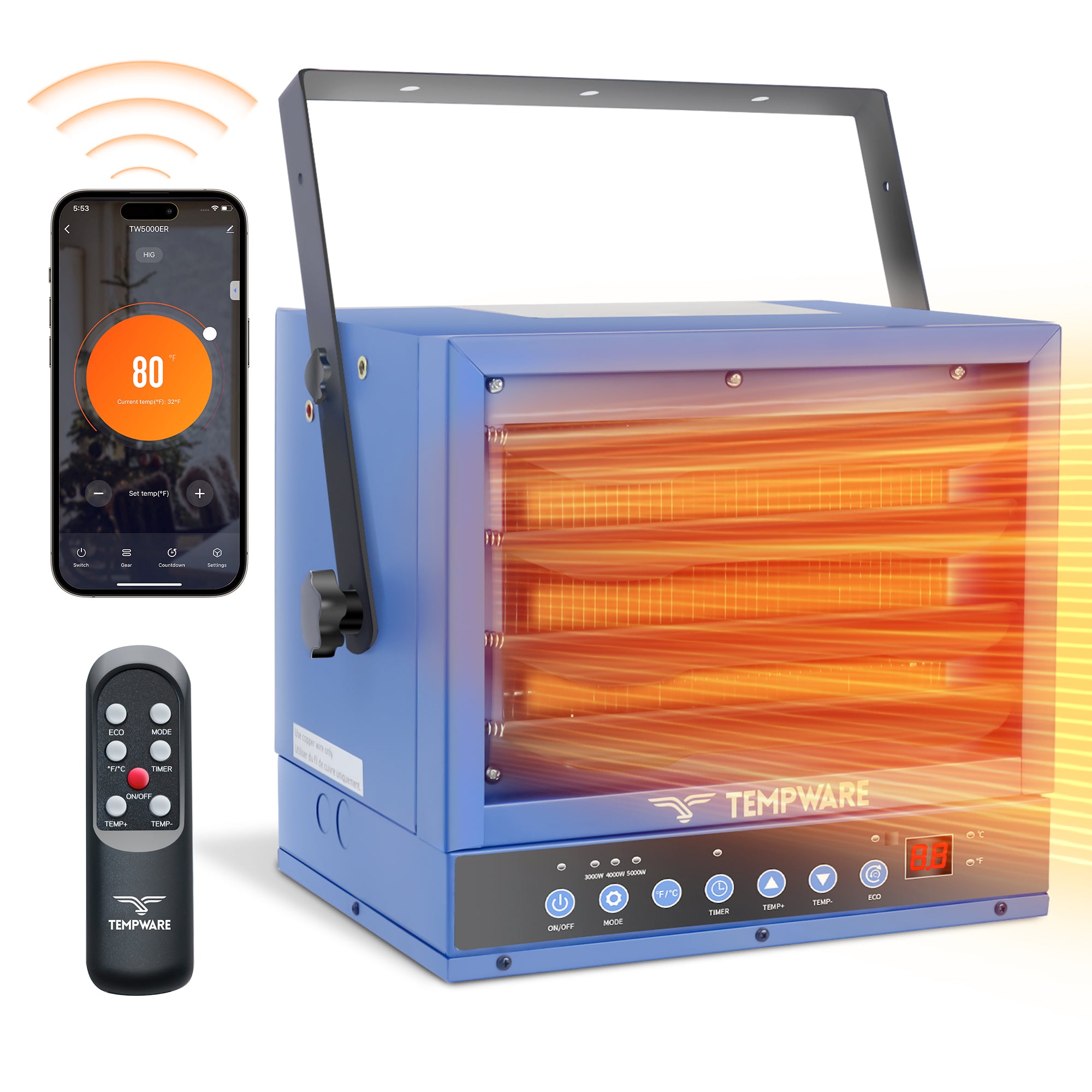 TEMPWARE 5000W Electric Garage Heater with Remote, 240V WIFI Hardwired Ceiling Mount Shop Heater with Digital Thermostat and Overheat Protection, Ideal for Workshop Garage and Warehouse
