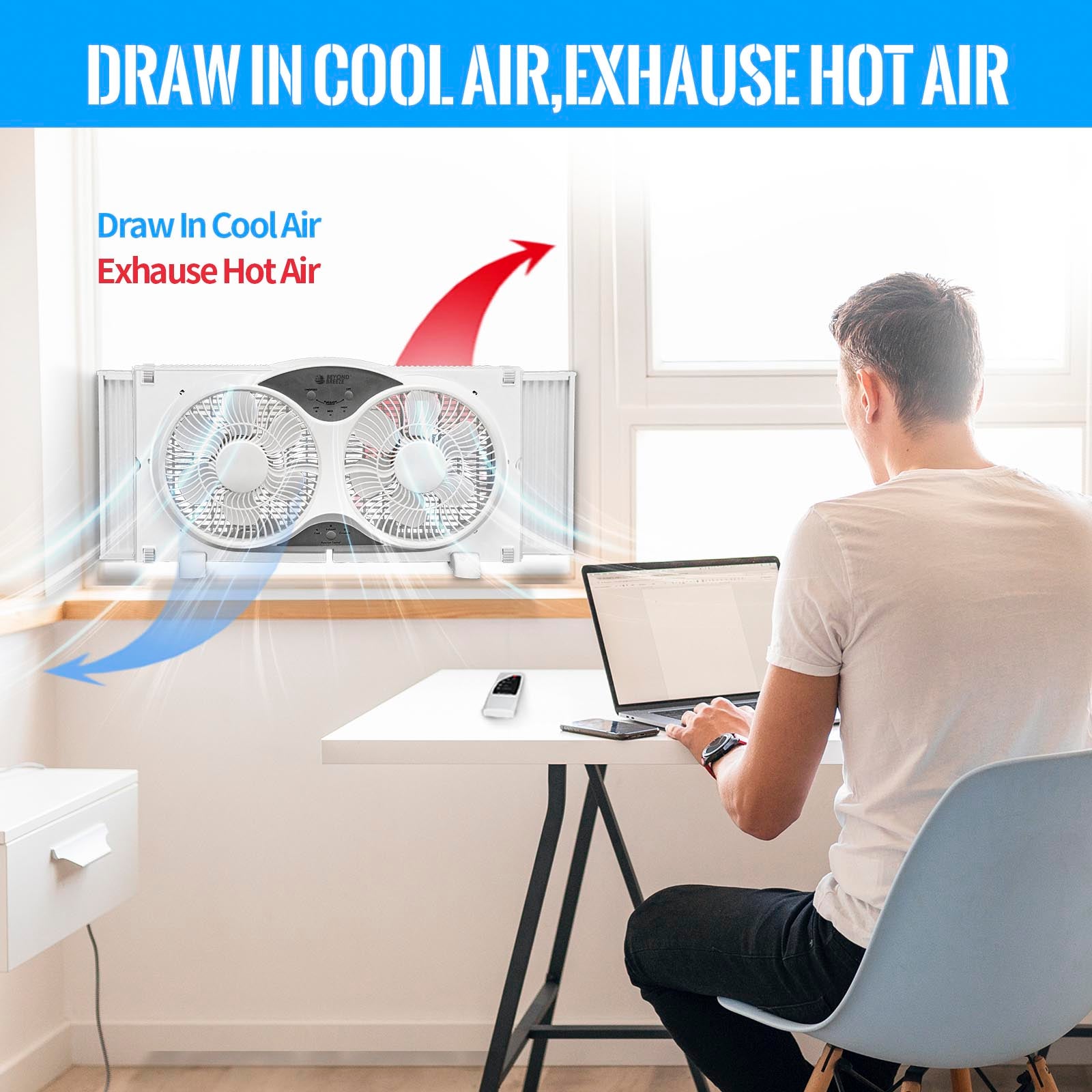 BEYOND BREEZE 9 inch Blades Twin Window Fan, 3-Speed 3-Function Expandable Dual Window Fan with Reversible Airflow Blades and Remote Control for Kitchen, Home, Bathroom, Width Adjustable