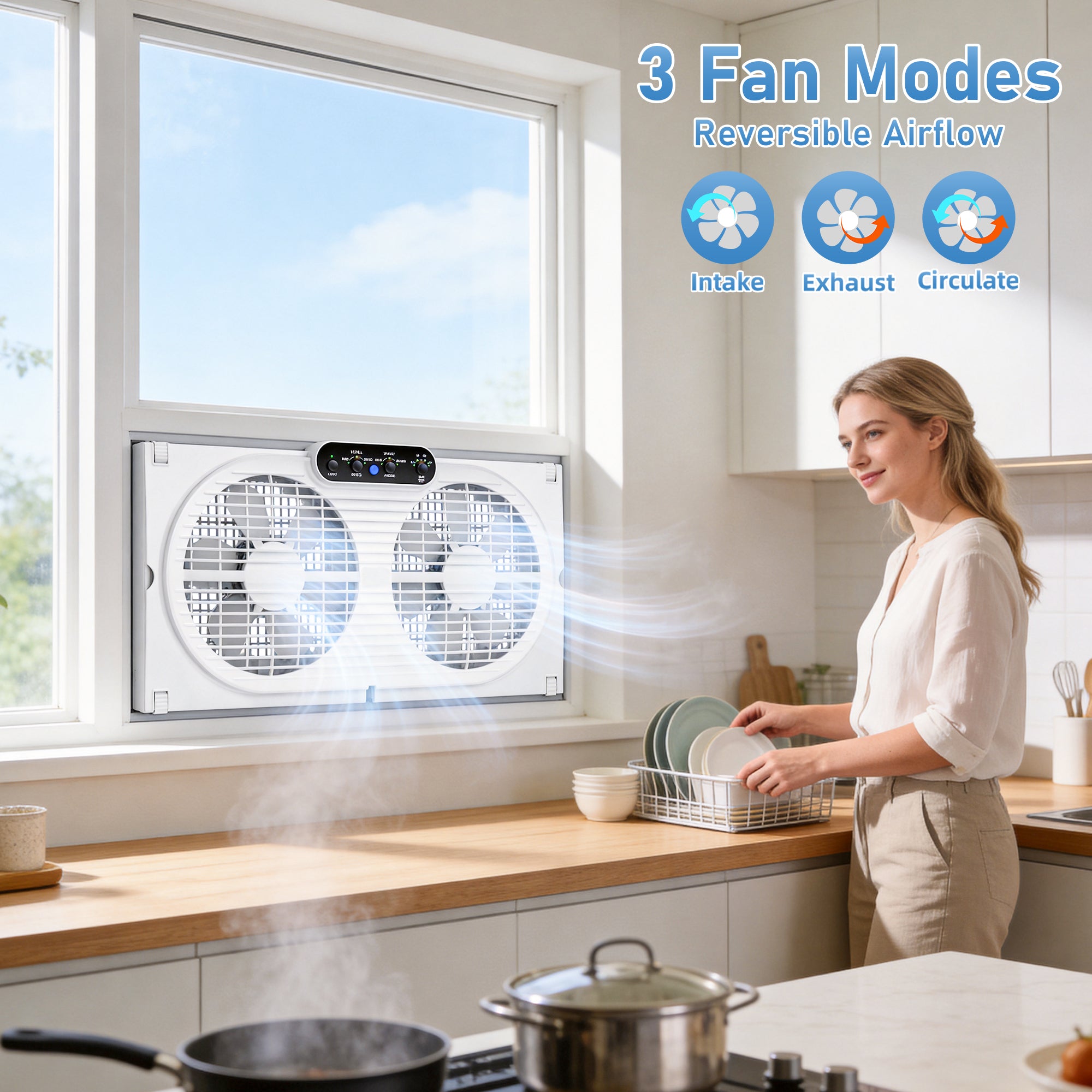 BEYOND BREEZE Window Fan 9 Inch Reversible Airflow with Timer and Bug Screen, 3 Speeds & 3 Modes with Exhaust and Intake, Adjustable Width From 23.5" to 37", Remote Control