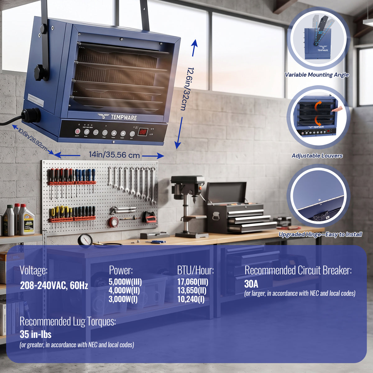 5000W 240V APP & Remote Control Garage Heater with Power Cord
