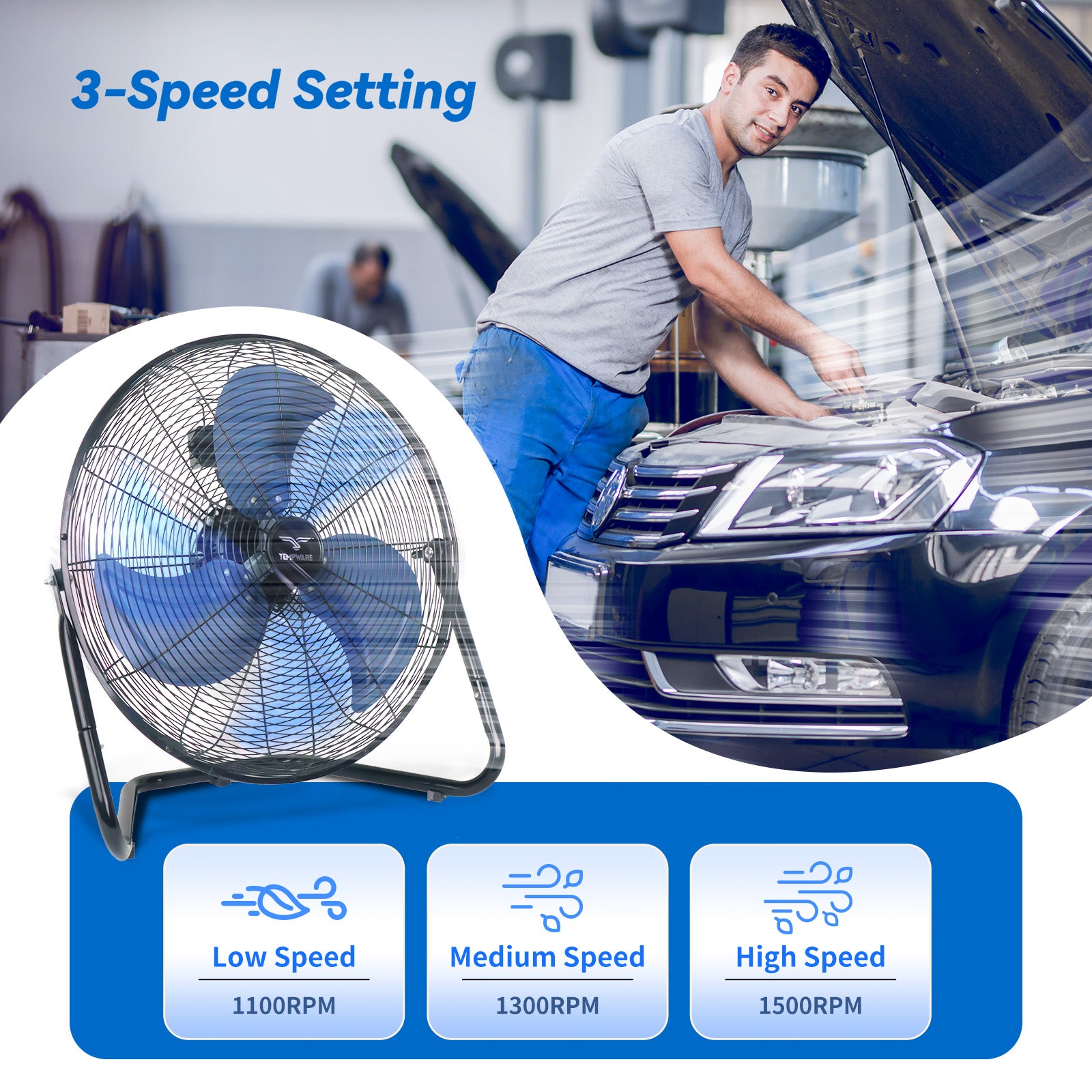 TEMPWARE 20 Inch High Velocity Industrial Floor Fan, 3-Speed Heavy Duty Metal Cradle Floor Fans with 360° Tilt for Warehouse, Workshop, Garage, Factory and Basement, Black & Blue
