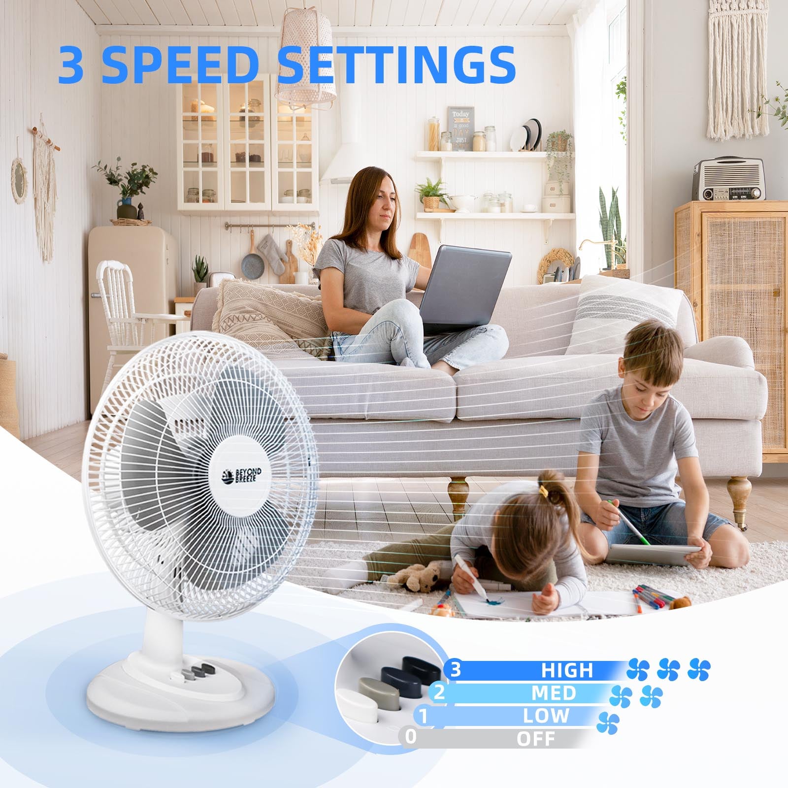 Concise Oscillating Table Fan with Flexible Tilt & Safety Grill