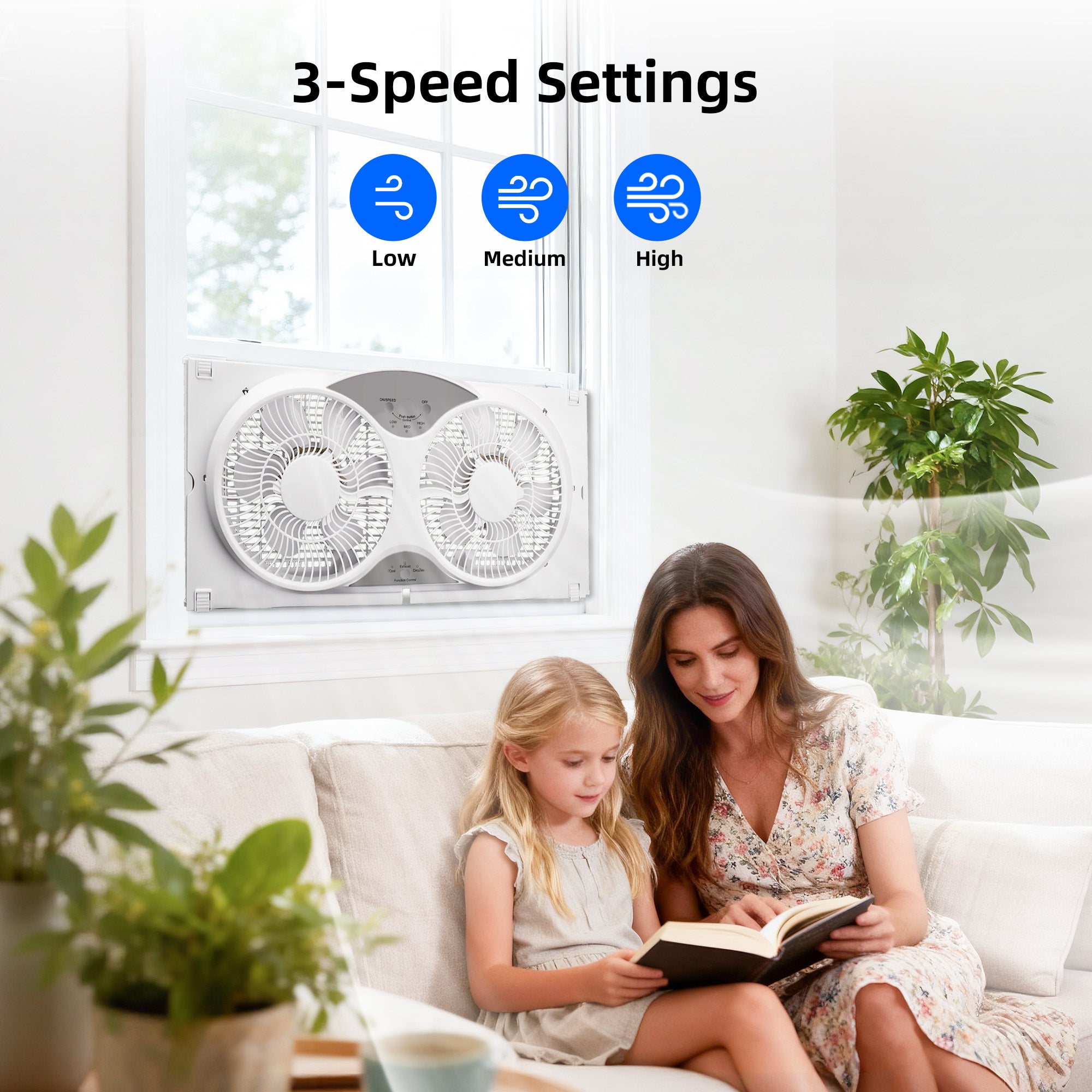 BEYOND BREEZE 9 Inch Dual Window Fan with 3-Speed Reversible Airflow Blades, 3-Function Expandable Twin Window Fan with Remote Control