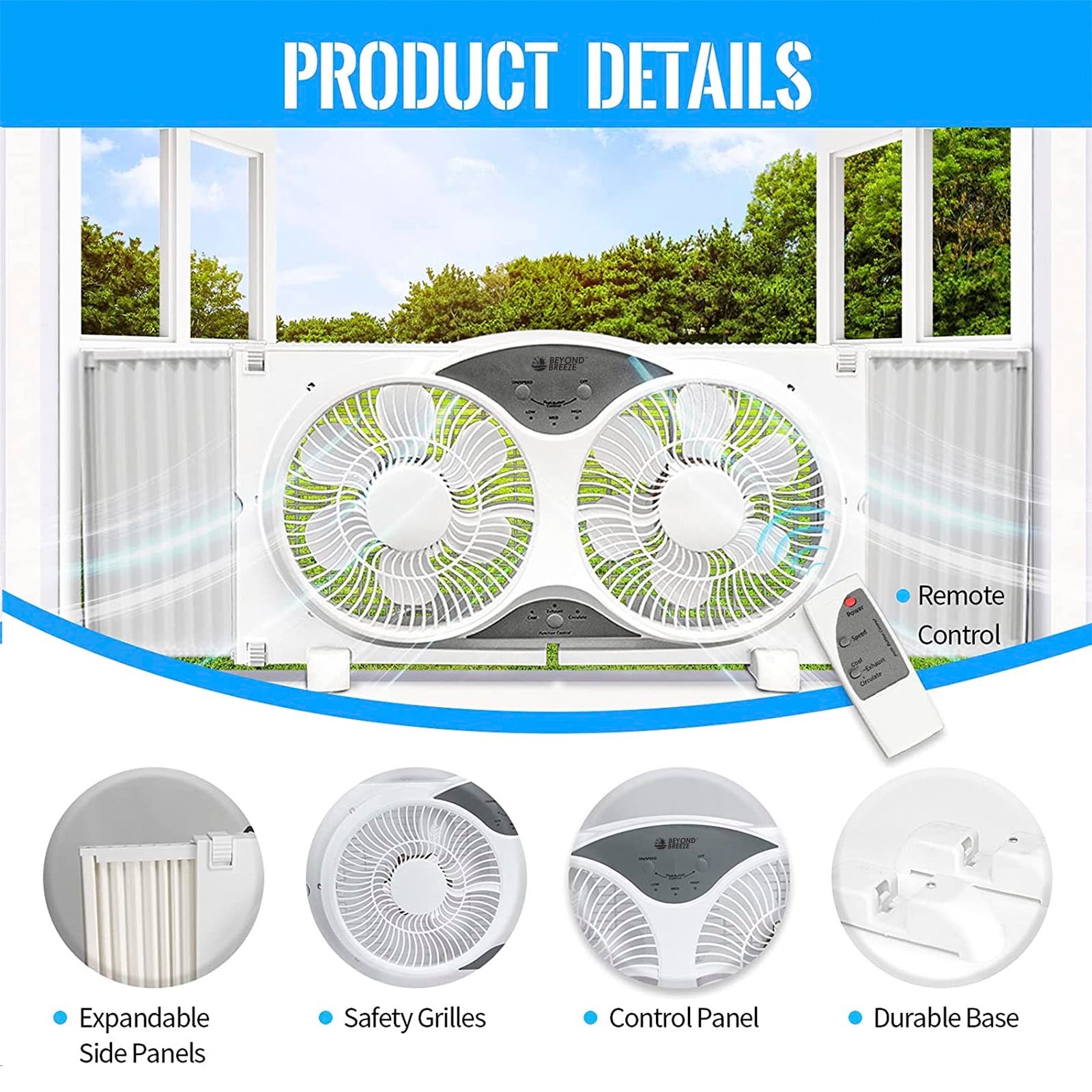 BEYOND BREEZE 9 inch Blades Twin Window Fan, 3-Speed 3-Function Expandable Dual Window Fan with Reversible Airflow Blades and Remote Control for Kitchen, Home, Bathroom, Width Adjustable