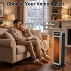 Voice Pilot 23“ Oscillating Tower Space Heater with Offline Voice Control, Favorite Setting, Cool-Touch Grille, Tip-Over Alarm & Shutoff, Braille Tactile Buttons, 8H Timer, Silver Grey