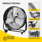 BEYOND BREEZE 24 inch High Velocity Industrial Drum Fan, 2-Speed Heavy Duty Metal Shop Fan with Aluminum Blades and 180-Degree Adjustable Tilt for Warehouse, Workshops, Garage, Factory and Basement