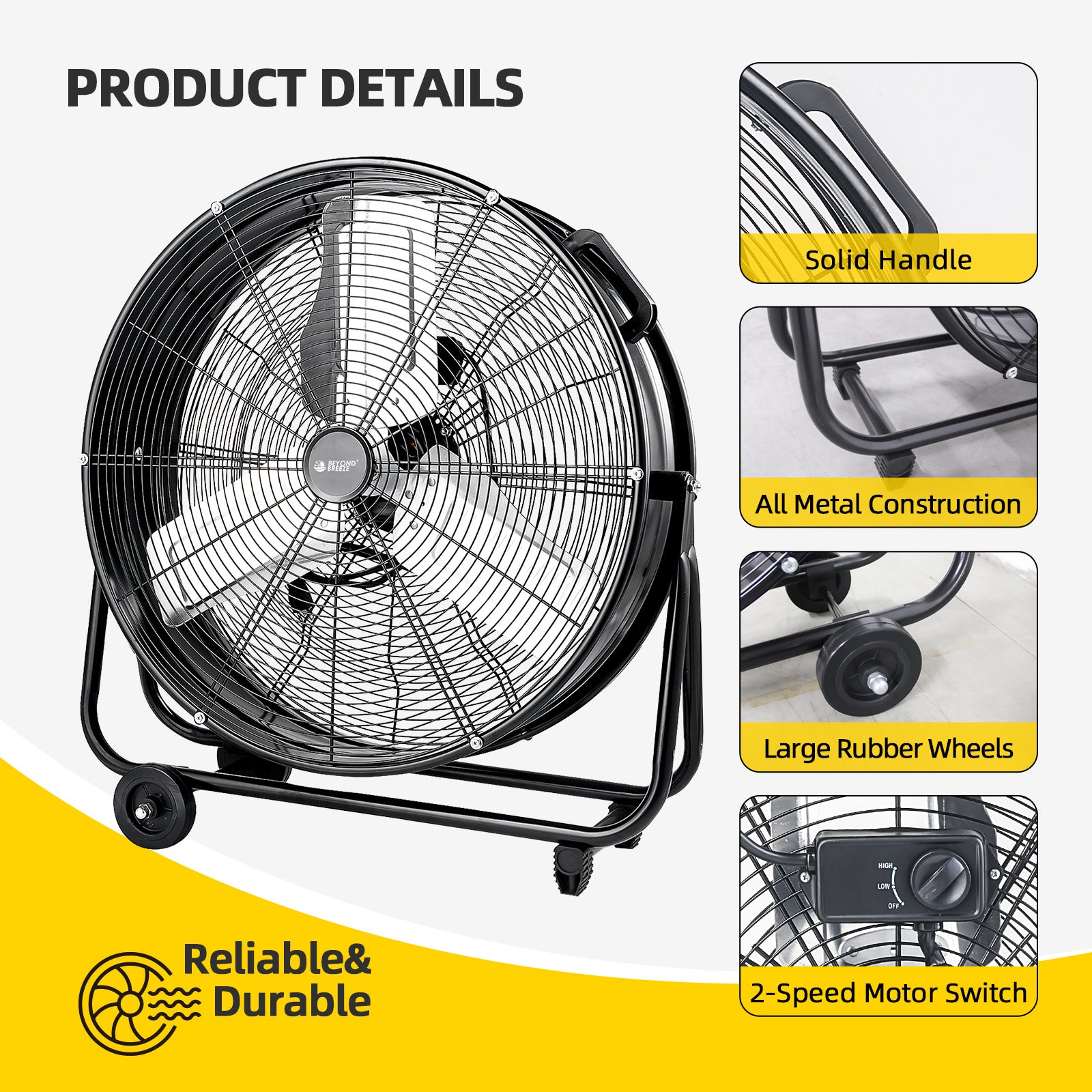 BEYOND BREEZE 24 inch High Velocity Industrial Drum Fan, 2-Speed Heavy Duty Metal Shop Fan with Aluminum Blades and 180-Degree Adjustable Tilt for Warehouse, Workshops, Garage, Factory and Basement