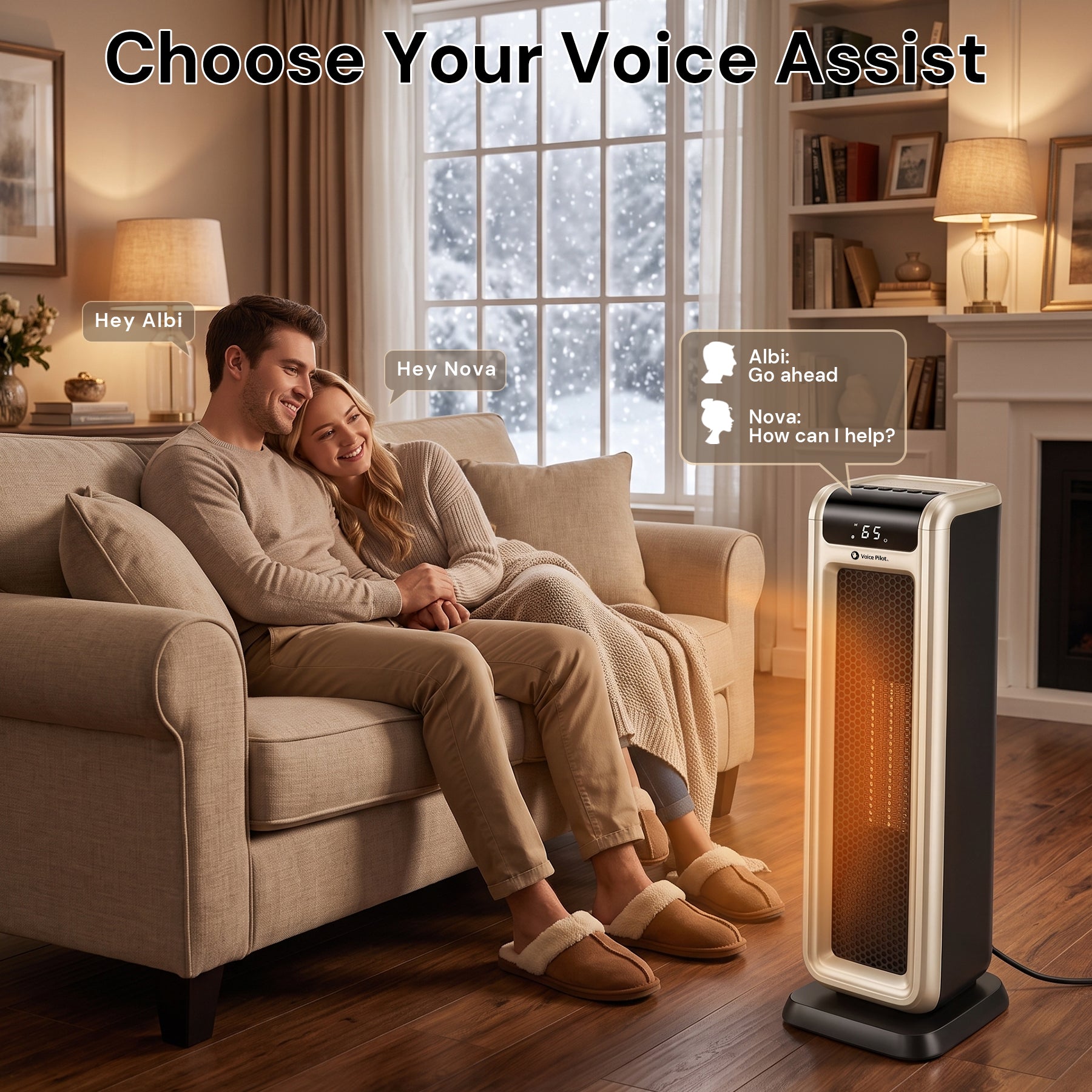 Voice Pilot 23“ Oscillating Tower Space Heater with Offline Voice Control, Favorite Setting, Cool-Touch Grille, Tip-Over Alarm & Shutoff, Braille Tactile Buttons, 8H Timer, Silver Grey