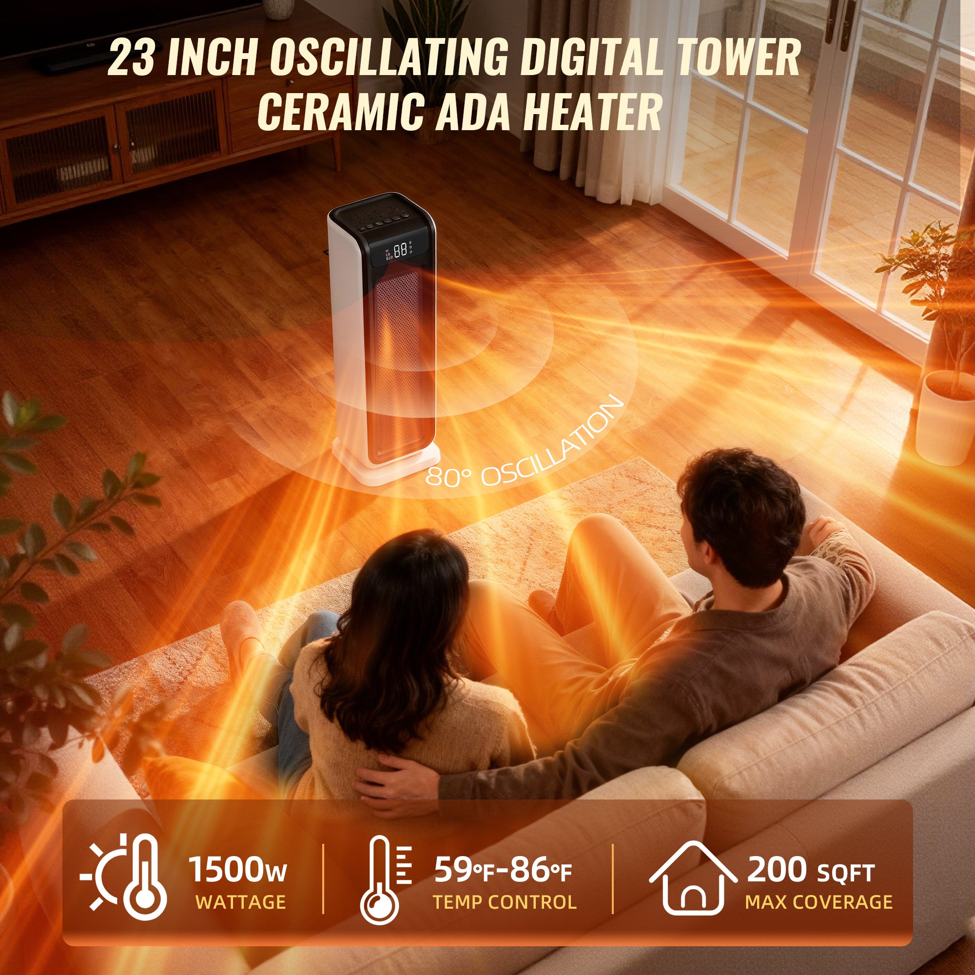 Oscillating Ceramic Tower Heater for Blind Disabled Persons, 1500W Electrical Space Heater with Remote, Voice Control and Digital Thermostat for Home and Office Use