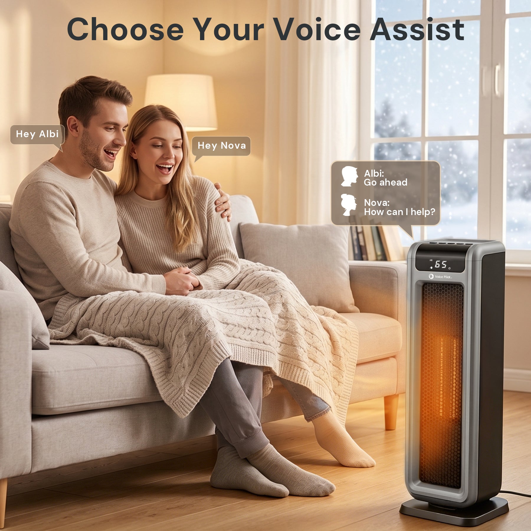 Voice Pilot™ 23" Oscillating Grey Tower Heater with Offline Voice Control