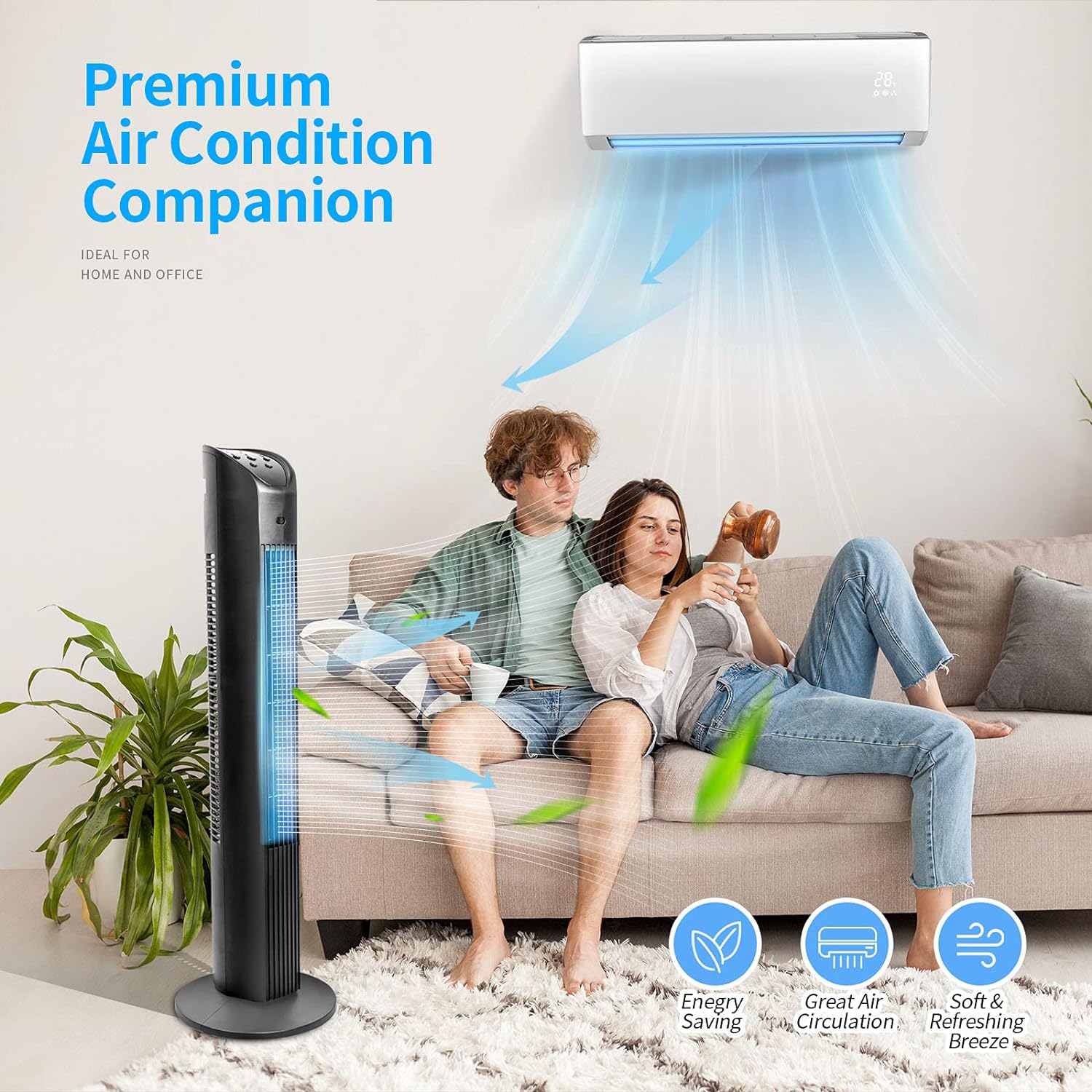 BEYOND BREEZE Tower Fan with Remote, 90° Oscillating Bladeless Fan, 36 Inch, Quiet with 3 Speeds, 8H Timer, 3 Modes, Black Indoor Floor Fans for Home Bedroom Office Room