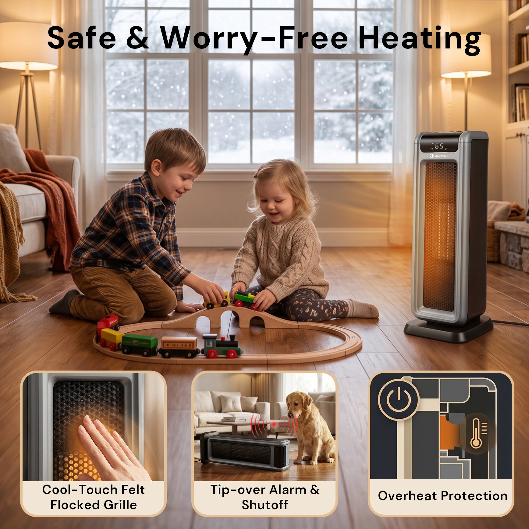 Voice Pilot 23“ Oscillating Tower Space Heater with Offline Voice Control, Favorite Setting, Cool-Touch Grille, Tip-Over Alarm & Shutoff, Braille Tactile Buttons, 8H Timer, Silver Grey