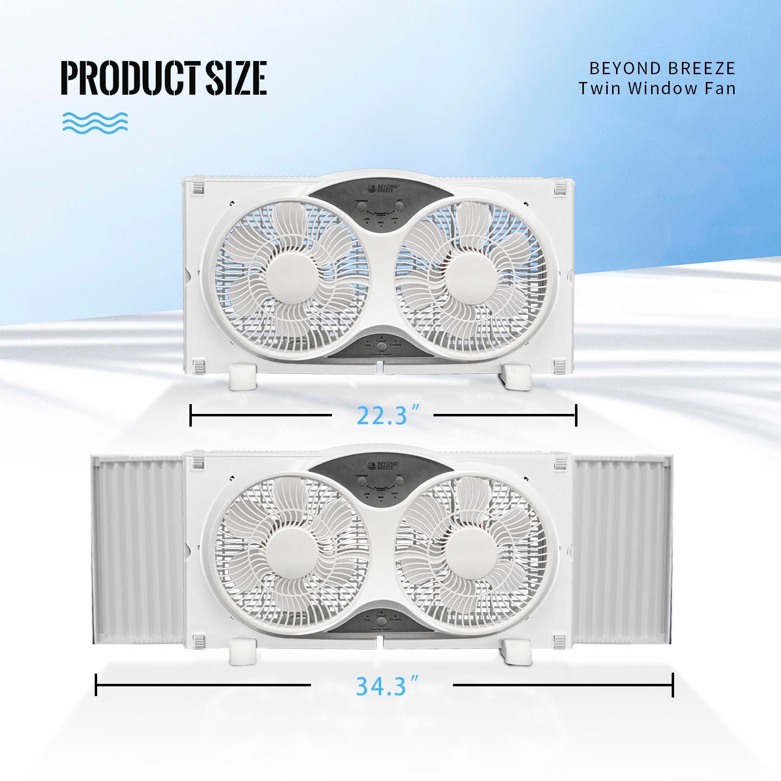 BEYOND BREEZE 9 inch Blades Twin Window Fan, 3-Speed 3-Function Expandable Dual Window Fan with Reversible Airflow Blades and Remote Control for Kitchen, Home, Bathroom, Width Adjustable
