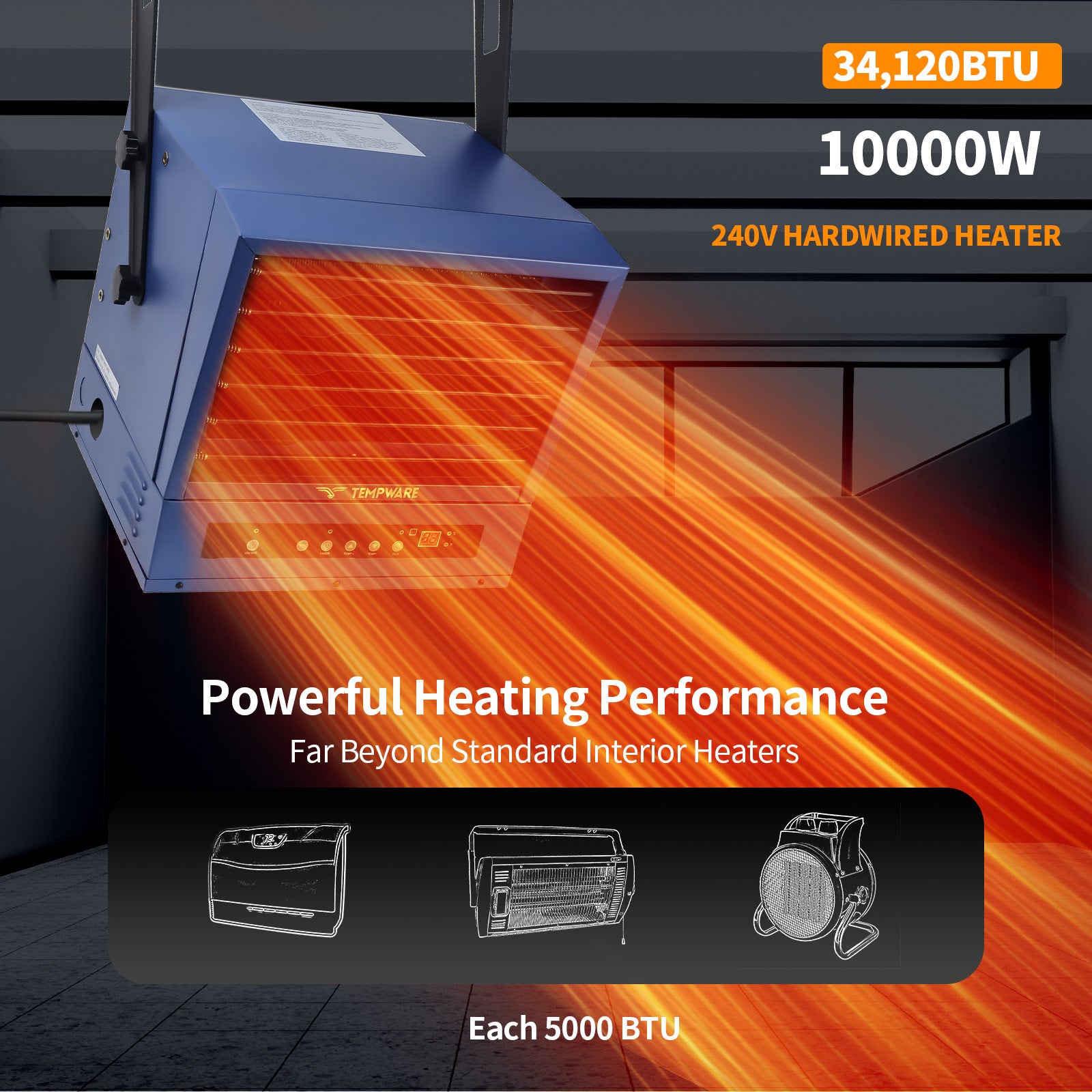 TEMPWARE 10000W Electric Garage Heater with Remote, 240V Hardwired Fan Forced Ceiling Mount Shop Heater with Digital Thermostat and Overheat Protection, Ideal for Warehouse, Workshop