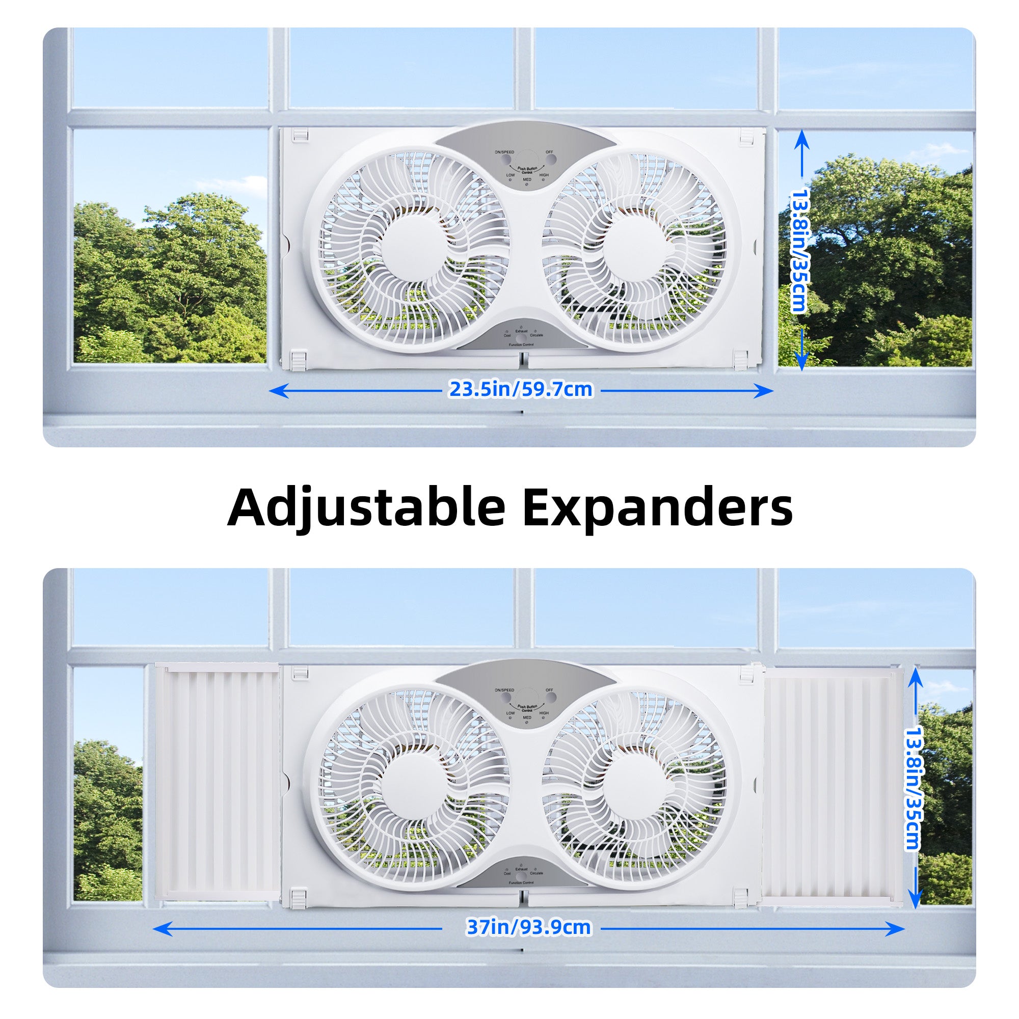 BEYOND BREEZE 9 Inch Dual Window Fan with 3-Speed Reversible Airflow Blades, 3-Function Expandable Twin Window Fan with Remote Control