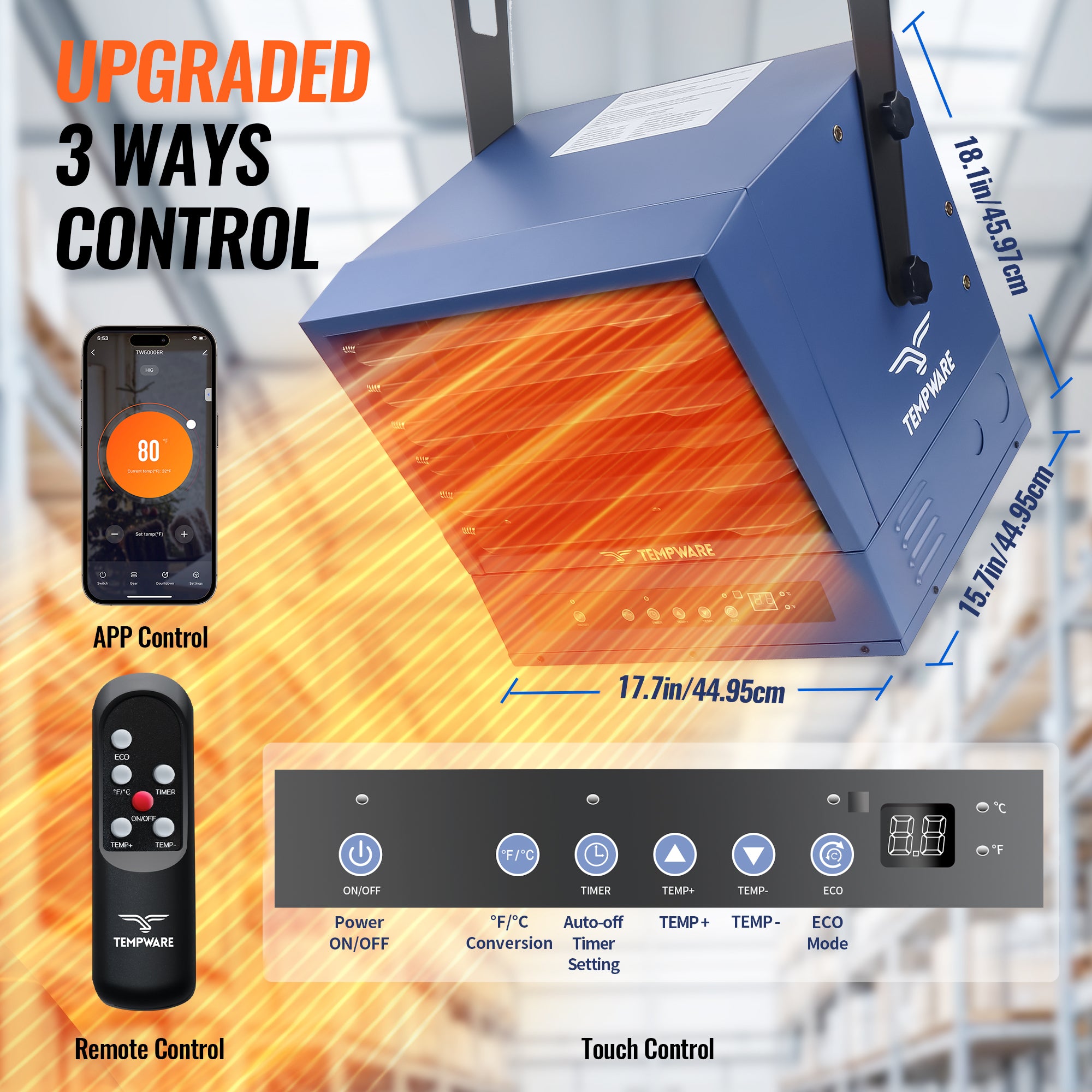 TEMPWARE 10000W Electric Garage Heater with Remote, 240V WIFI Hardwired Ceiling Mount Shop Heater with Digital Thermostat and Overheat Protection, Ideal for Workshop Garage and Warehouse