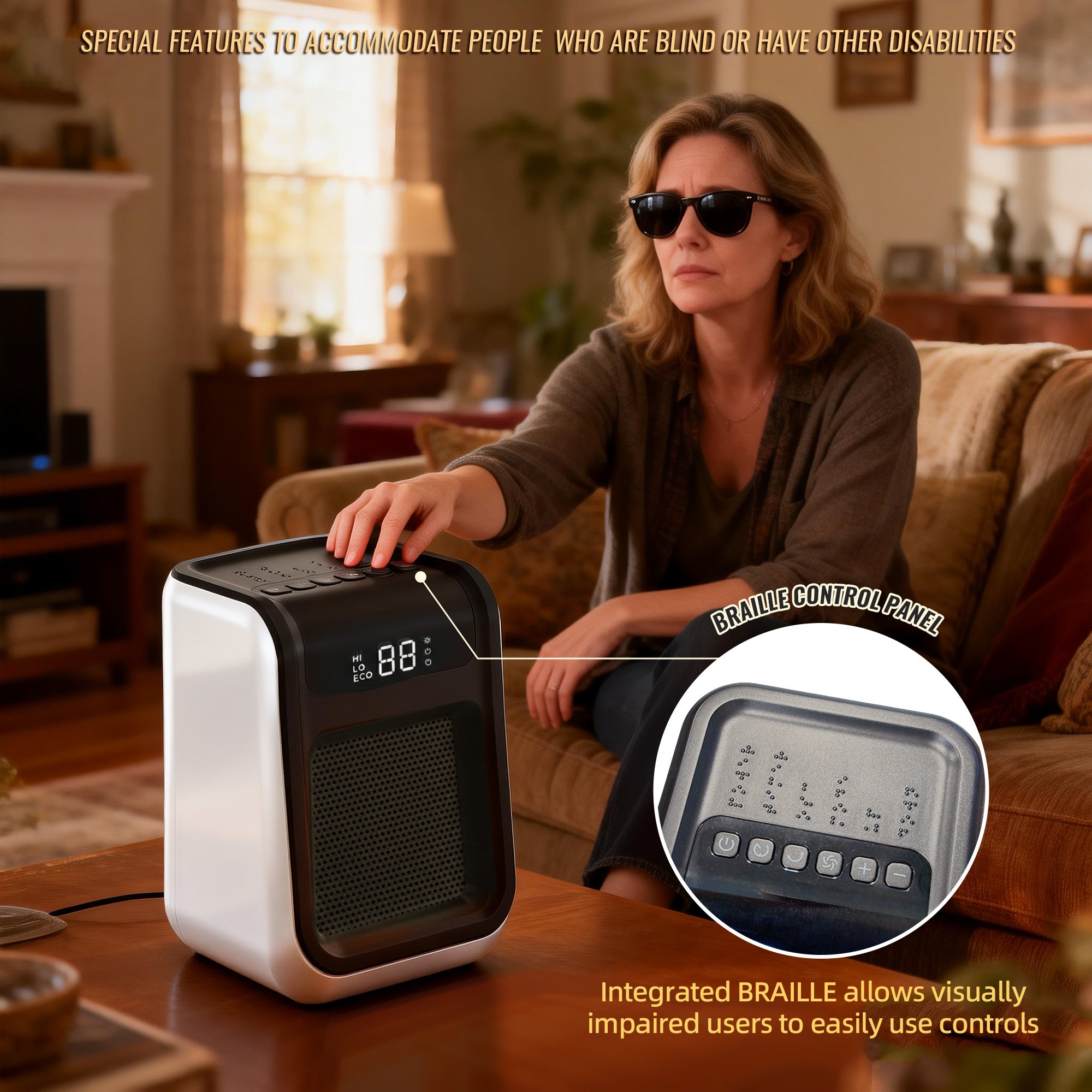 1500W Ceramic Space Heater with Remote for Blind or Disabled persons, Portable Electric Heater with Patented Tip-Over Alarm and Overheat Protection, Safe for Indoor Use Office Bedroom