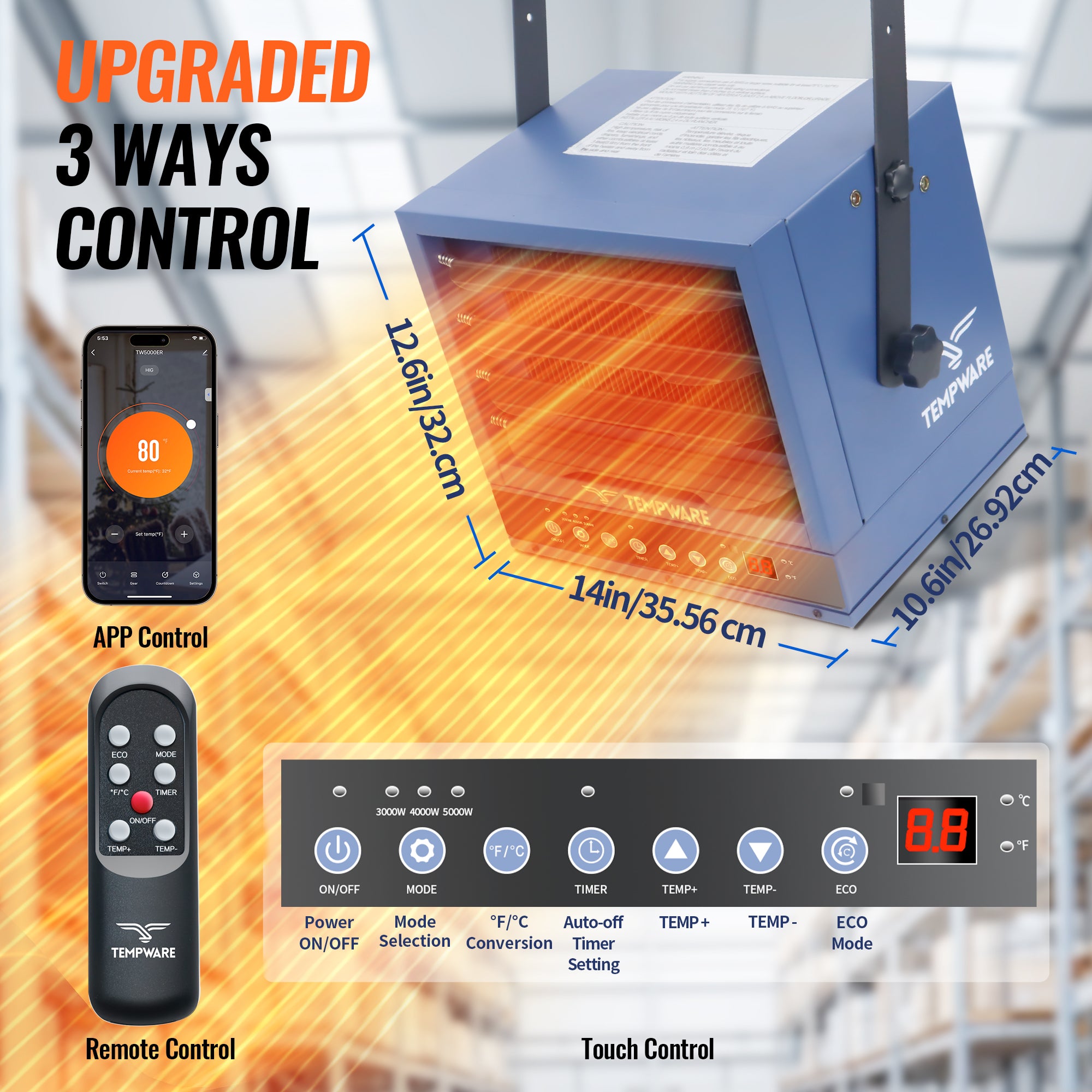 TEMPWARE 5000W Electric Garage Heater with Remote, 240V WIFI Hardwired Ceiling Mount Shop Heater with Digital Thermostat and Overheat Protection, Ideal for Workshop Garage and Warehouse