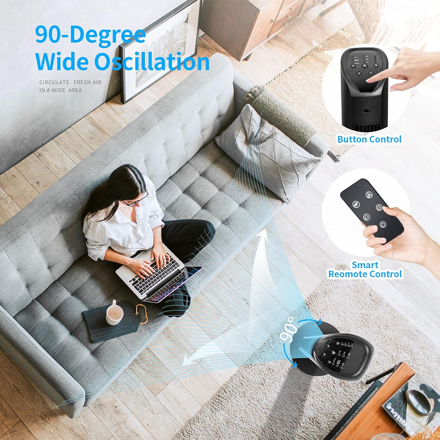 BEYOND BREEZE Tower Fan with Remote, 90° Oscillating Bladeless Fan, 36 Inch, Quiet with 3 Speeds, 8H Timer, 3 Modes, Black Indoor Floor Fans for Home Bedroom Office Room