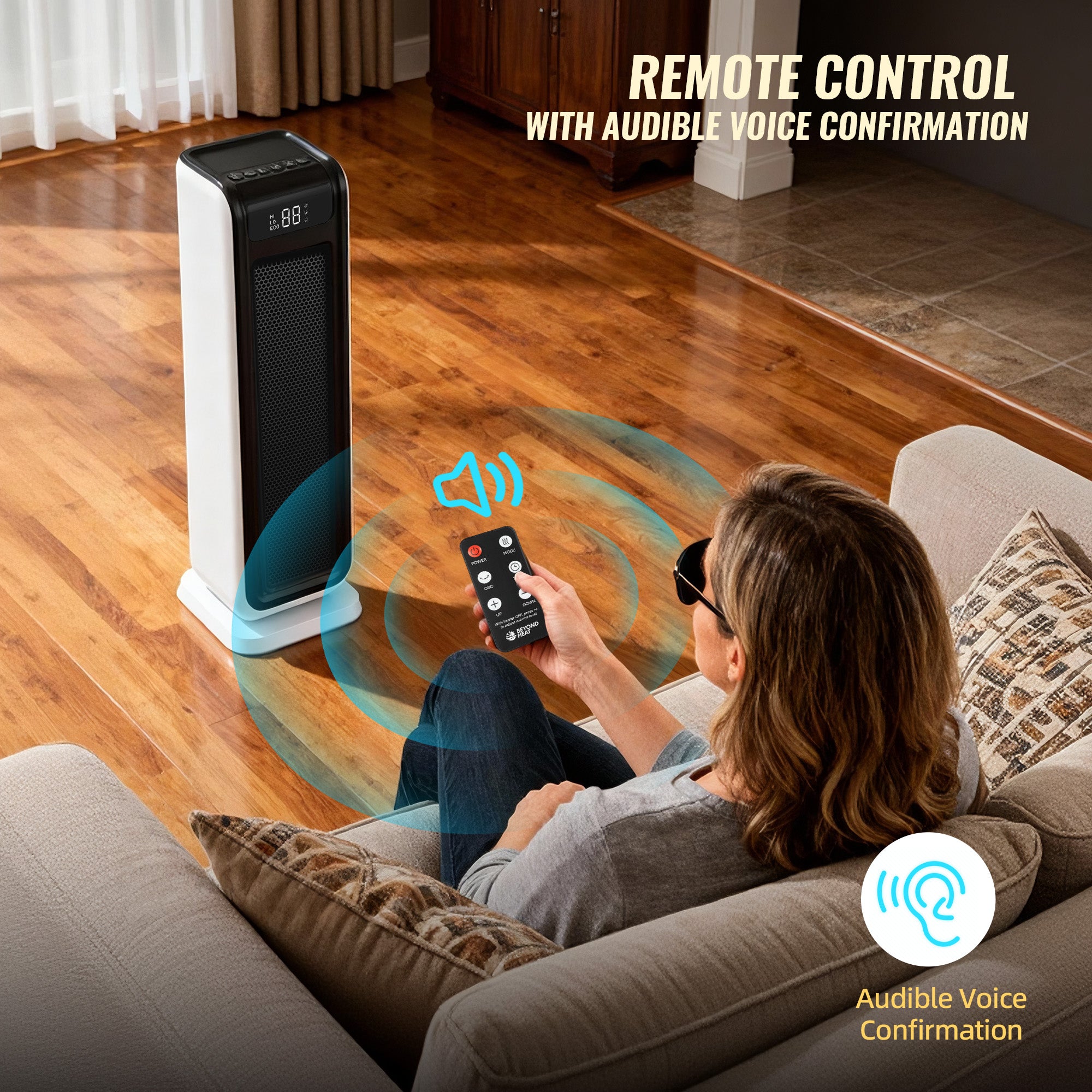 Oscillating Ceramic Tower Heater for Blind Disabled Persons, 1500W Electrical Space Heater with Remote, Voice Control and Digital Thermostat for Home and Office Use