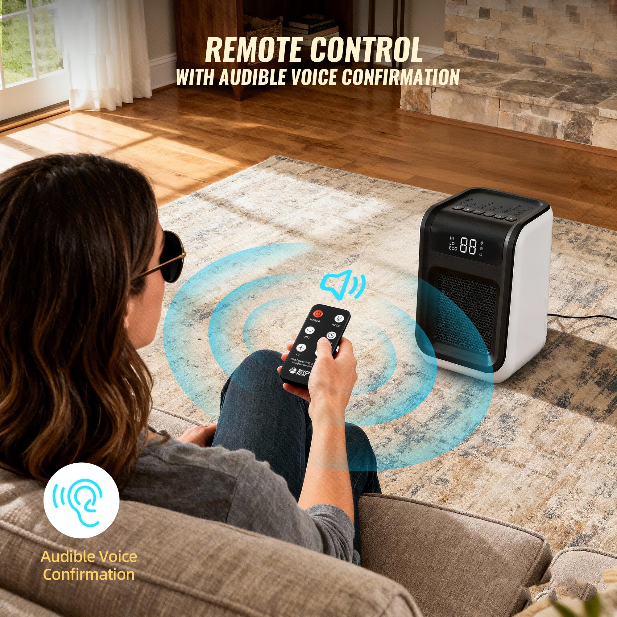 1500W Ceramic Space Heater with Remote for Blind or Disabled persons, Portable Electric Heater with Patented Tip-Over Alarm and Overheat Protection, Safe for Indoor Use Office Bedroom