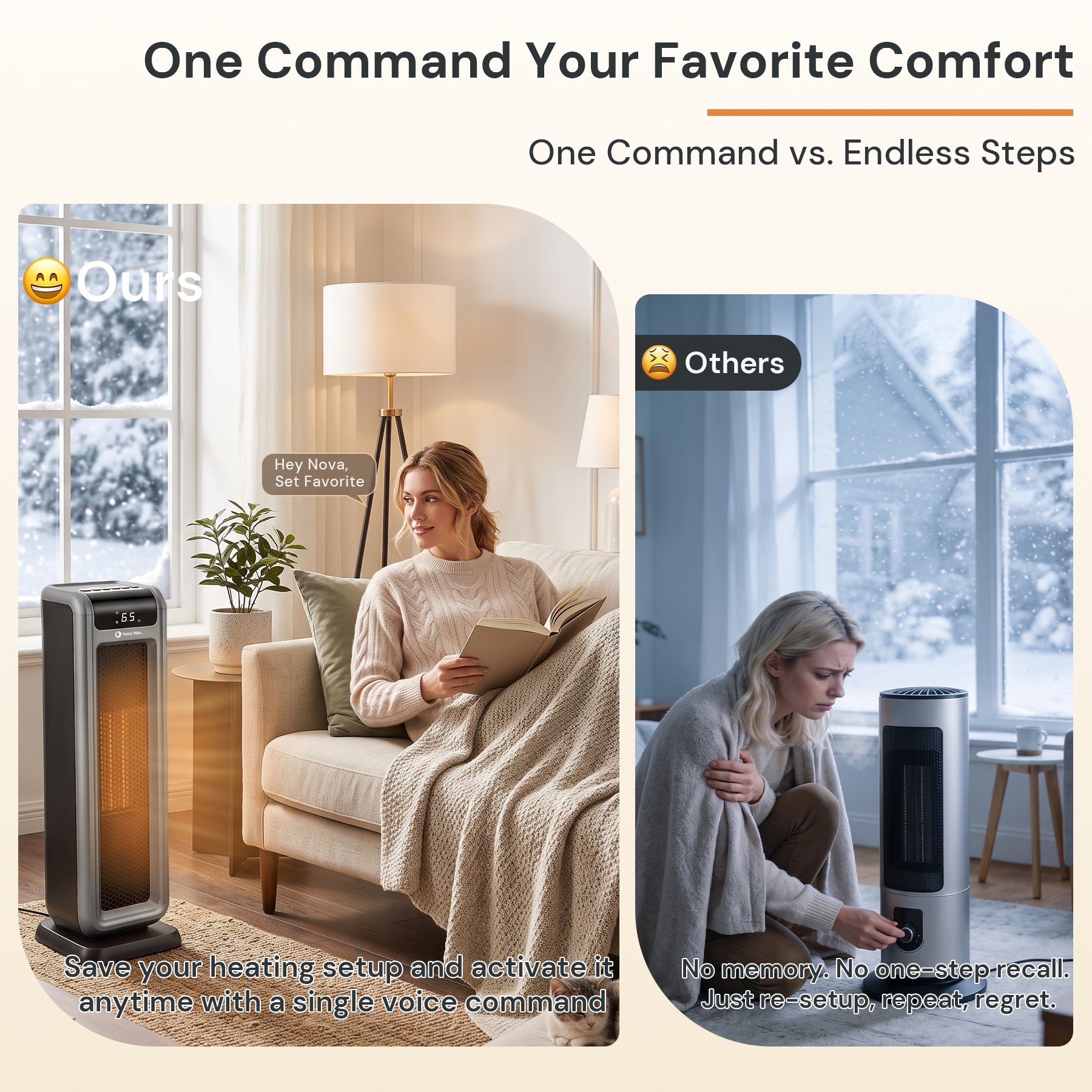 Voice Pilot 23“ Oscillating Tower Space Heater with Offline Voice Control, Favorite Setting, Cool-Touch Grille, Tip-Over Alarm & Shutoff, Braille Tactile Buttons, 8H Timer, Silver Grey