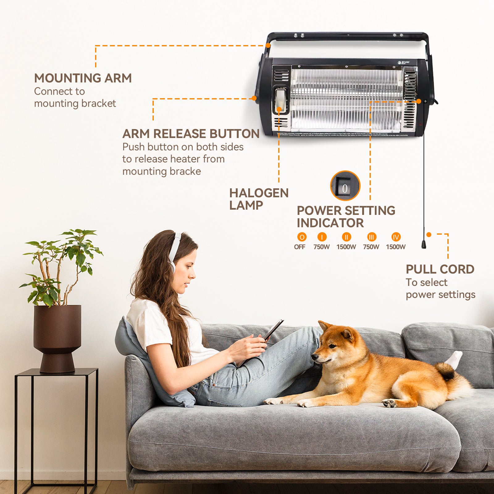 Adjustable Wall Mounted Quartz Heater for Garage
