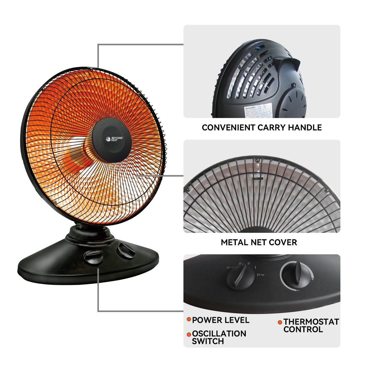 1,000-Watt Indoor Parabolic Dish Space Heater with 70-degree Wide Oscillation, Tip Over & Overheat Protection