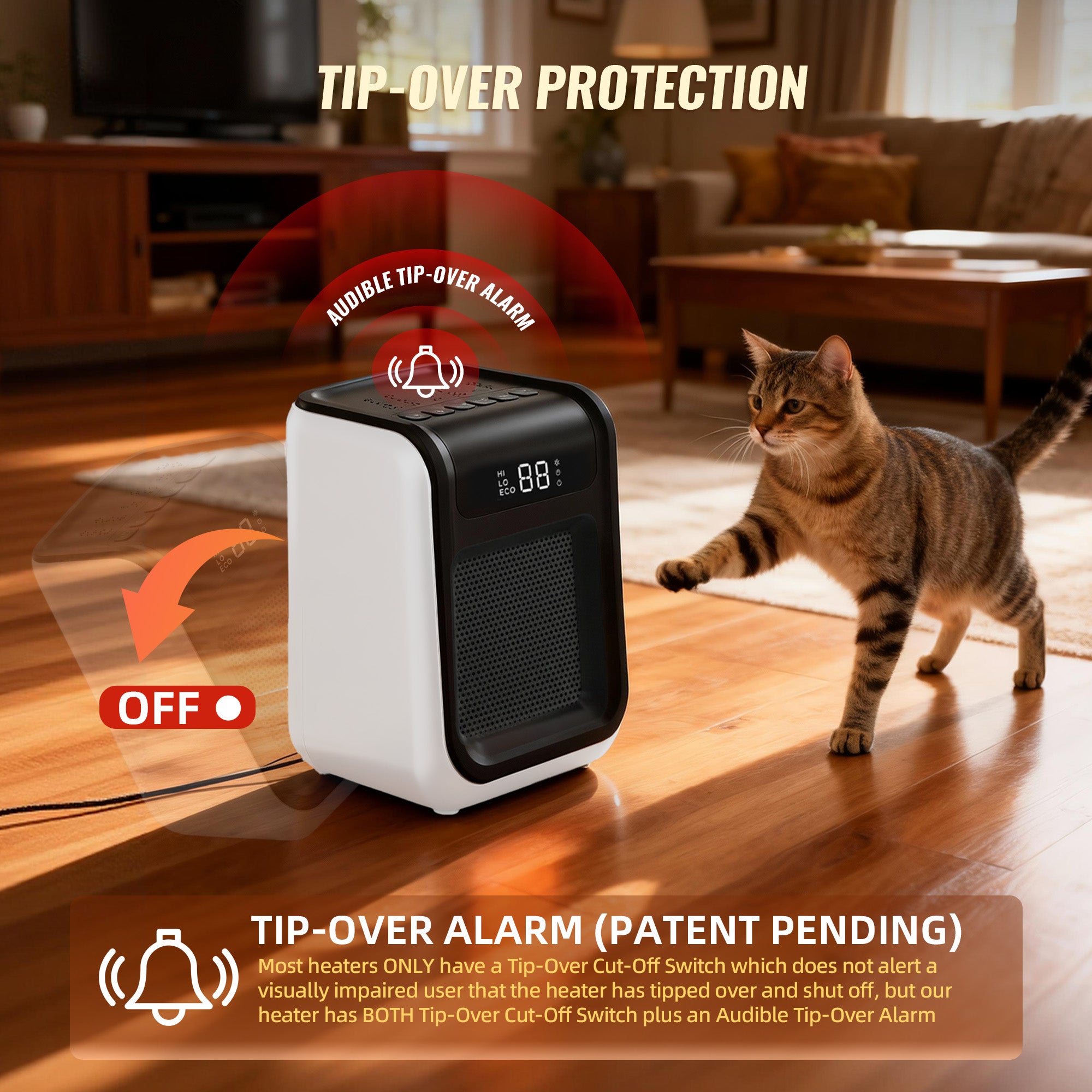 1500W Ceramic Space Heater with Remote for Blind or Disabled persons, Portable Electric Heater with Patented Tip-Over Alarm and Overheat Protection, Safe for Indoor Use Office Bedroom