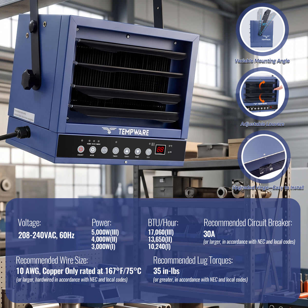 5000W 240V Wall Mount Hardwired Garage Heater with WiFi & Remote Control