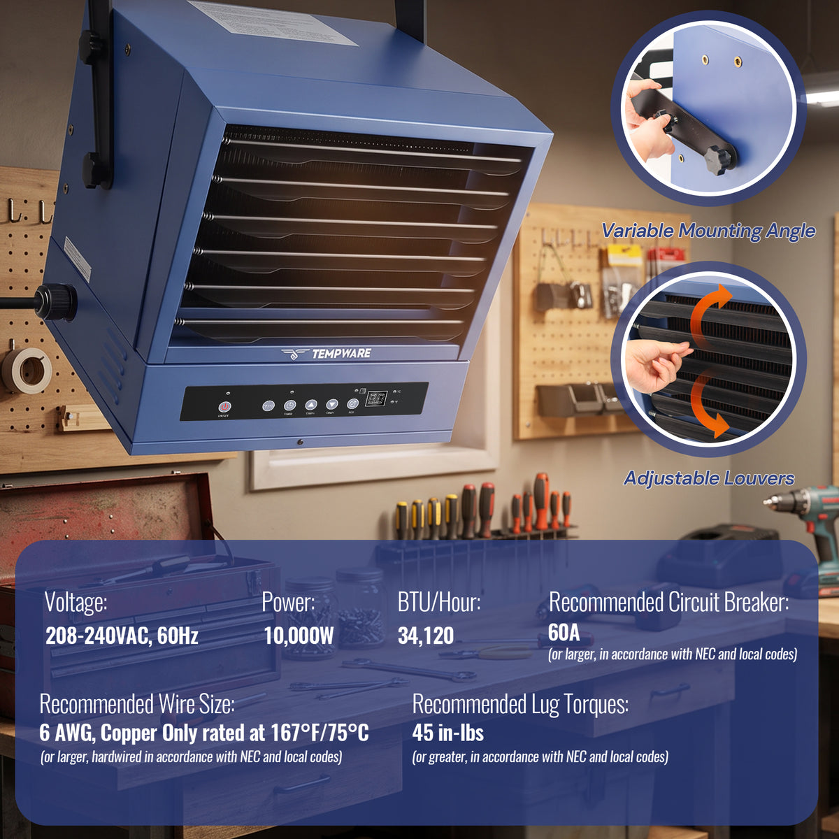 10000W Powerful Hardwired Industrial Heater for Garage with APP & Remote Control