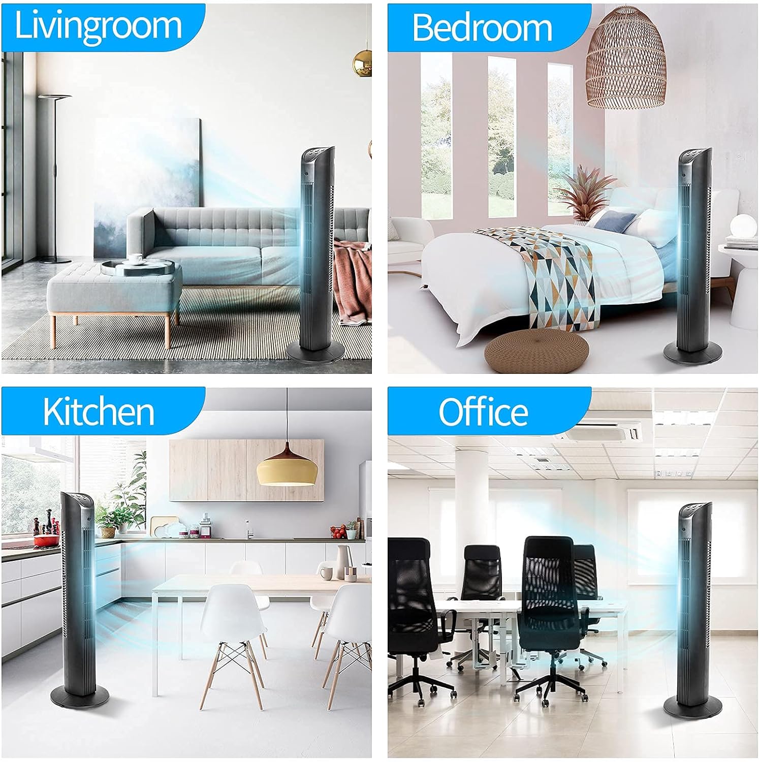 BEYOND BREEZE Tower Fan with Remote, 90° Oscillating Bladeless Fan, 36 Inch, Quiet with 3 Speeds, 8H Timer, 3 Modes, Black Indoor Floor Fans for Home Bedroom Office Room