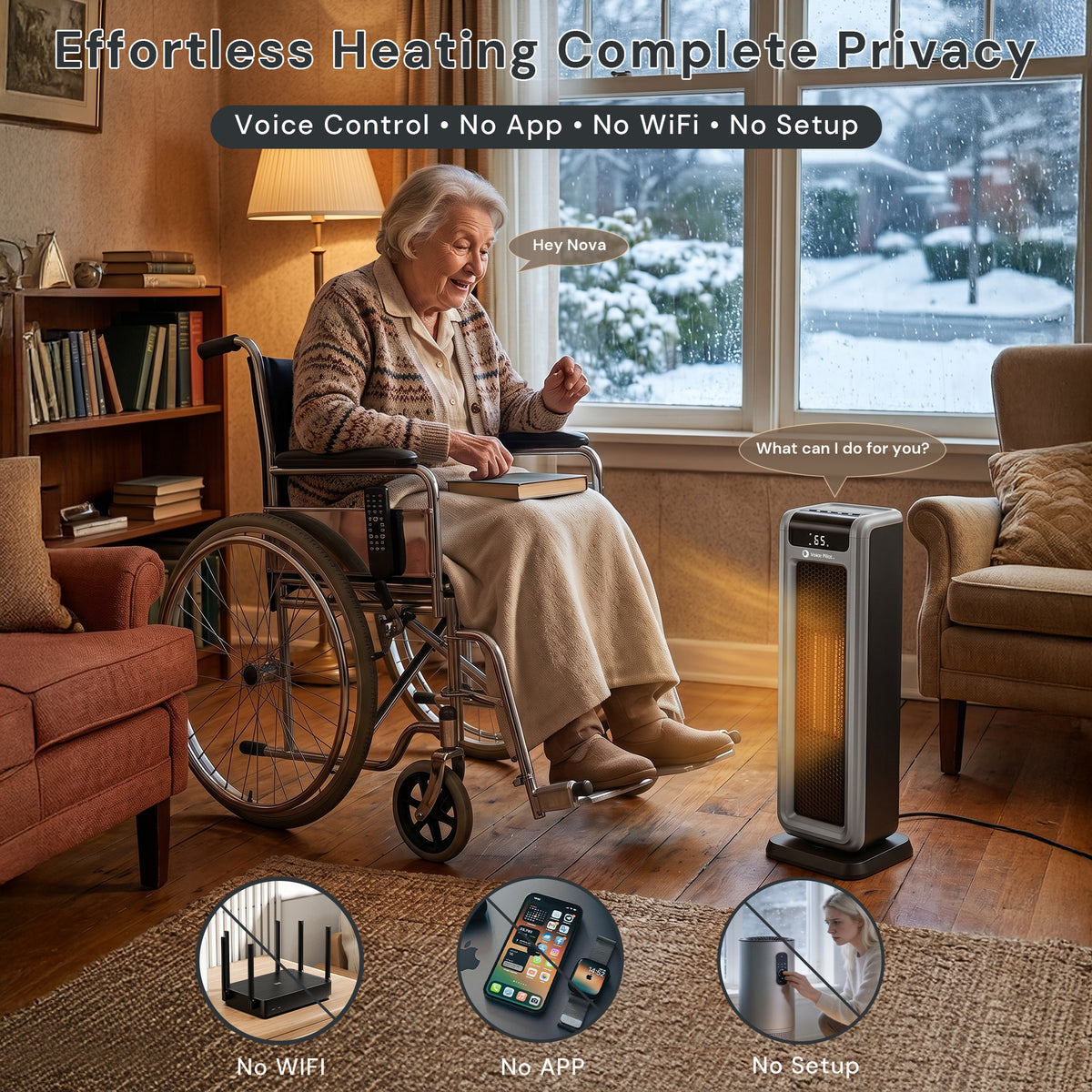 Voice Pilot™ 23" Oscillating Grey Tower Heater with Offline Voice Control
