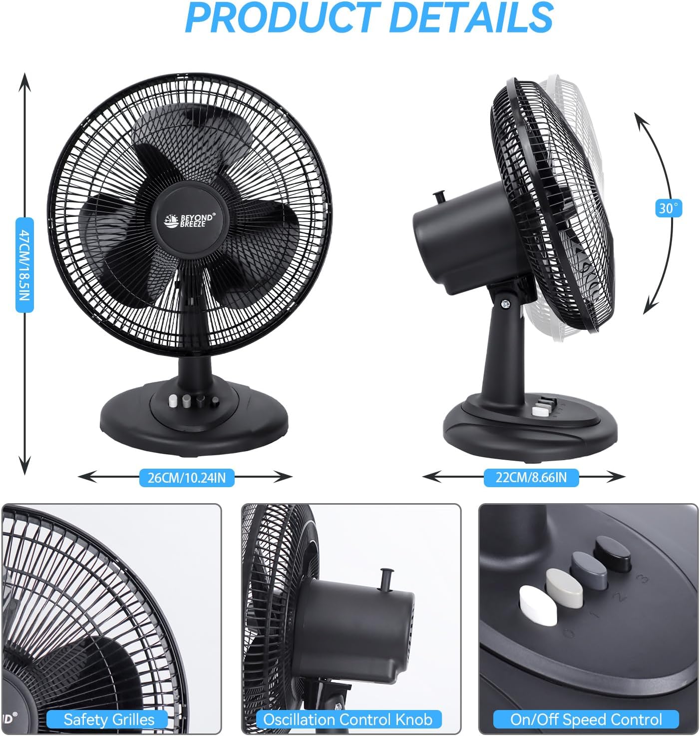Black Grille 12" Oscillating Table Fan with Adjustable Speed Setting