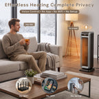 Voice Pilot 23“ Oscillating Tower Space Heater with Offline Voice Control, Favorite Setting, Cool-Touch Grille, Tip-Over Alarm & Shutoff, Braille Tactile Buttons, 8H Timer, Silver Grey
