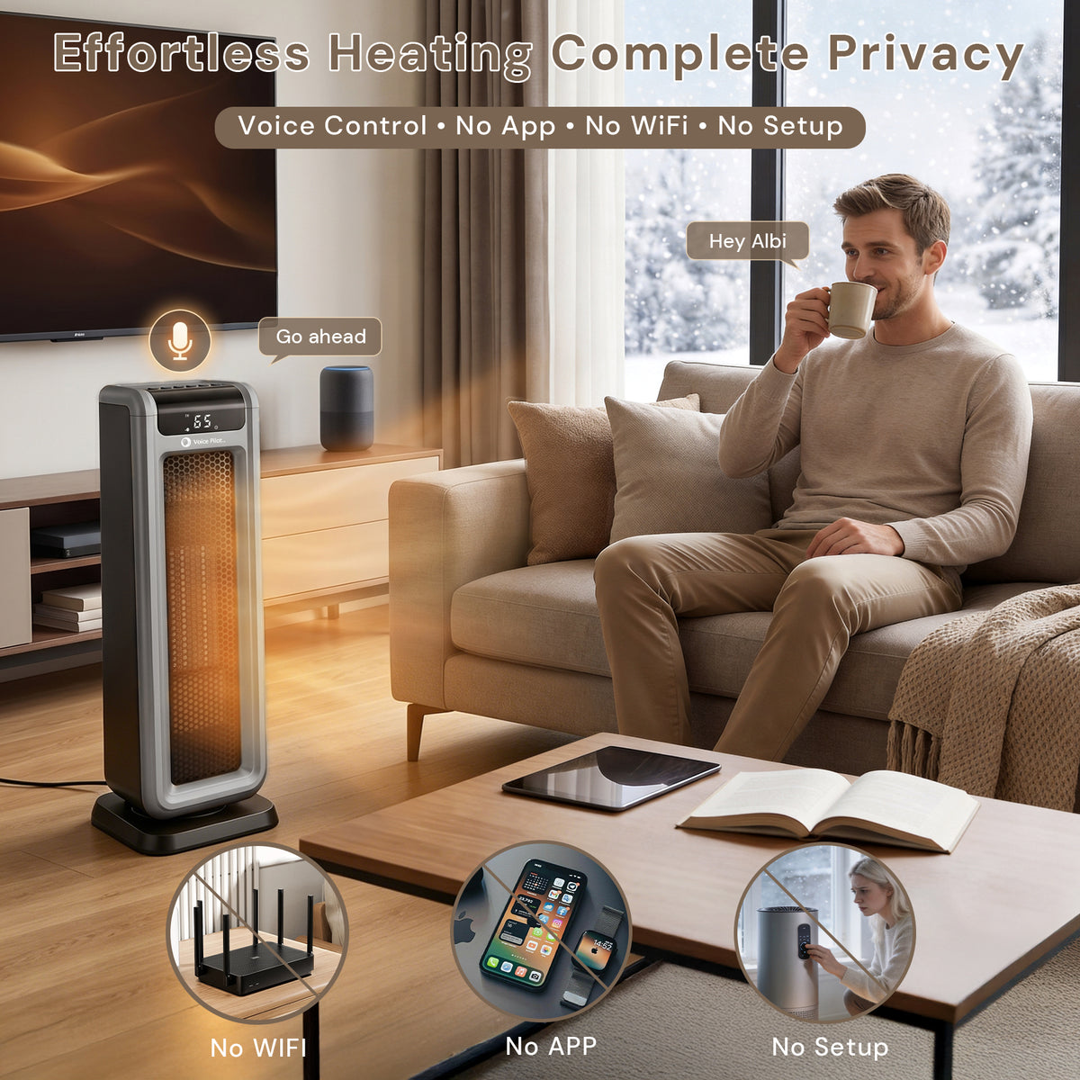 Voice Pilot™ 23" Oscillating Grey Tower Heater with Offline Voice Control
