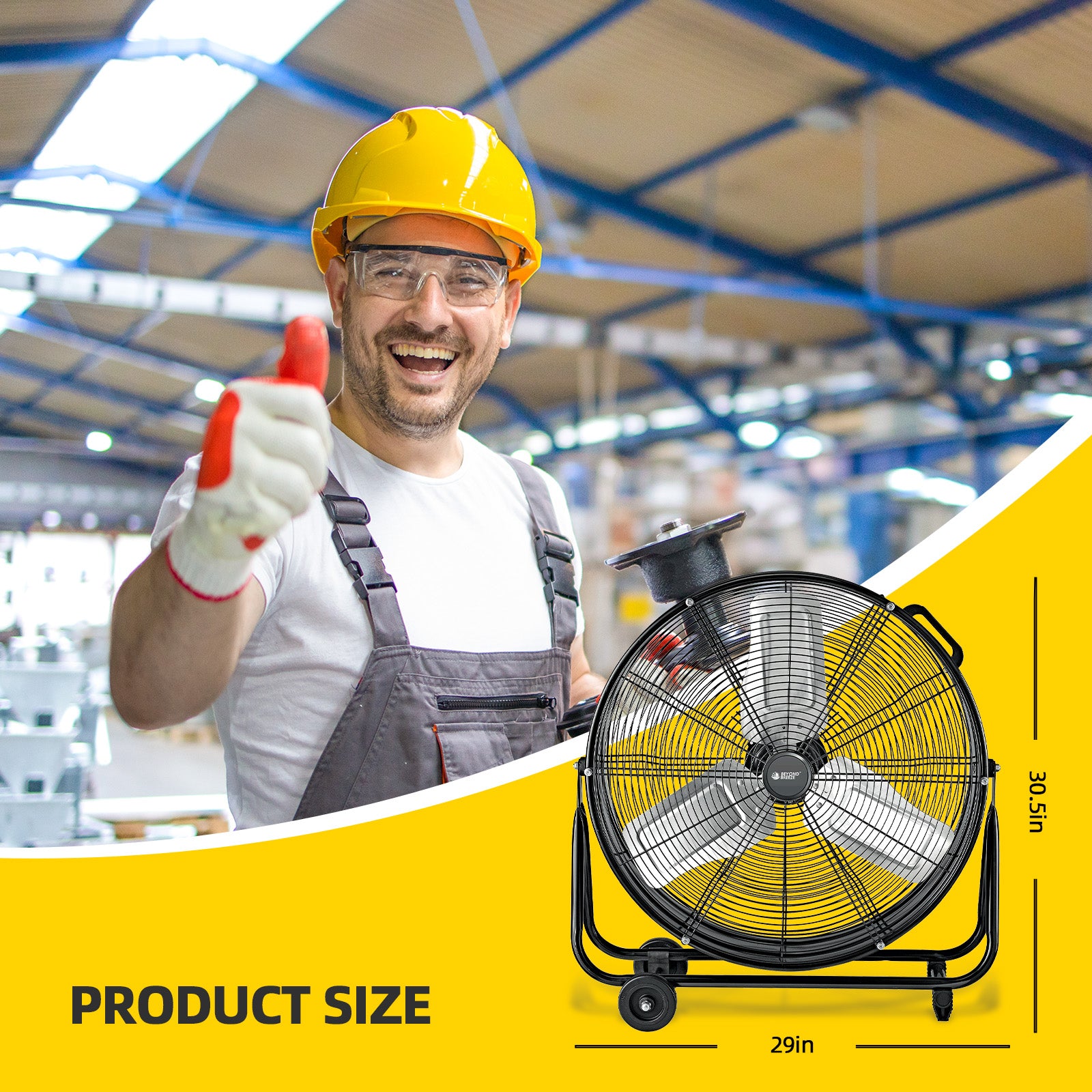 BEYOND BREEZE 24 inch High Velocity Industrial Drum Fan, 2-Speed Heavy Duty Metal Shop Fan with Aluminum Blades and 180-Degree Adjustable Tilt for Warehouse, Workshops, Garage, Factory and Basement