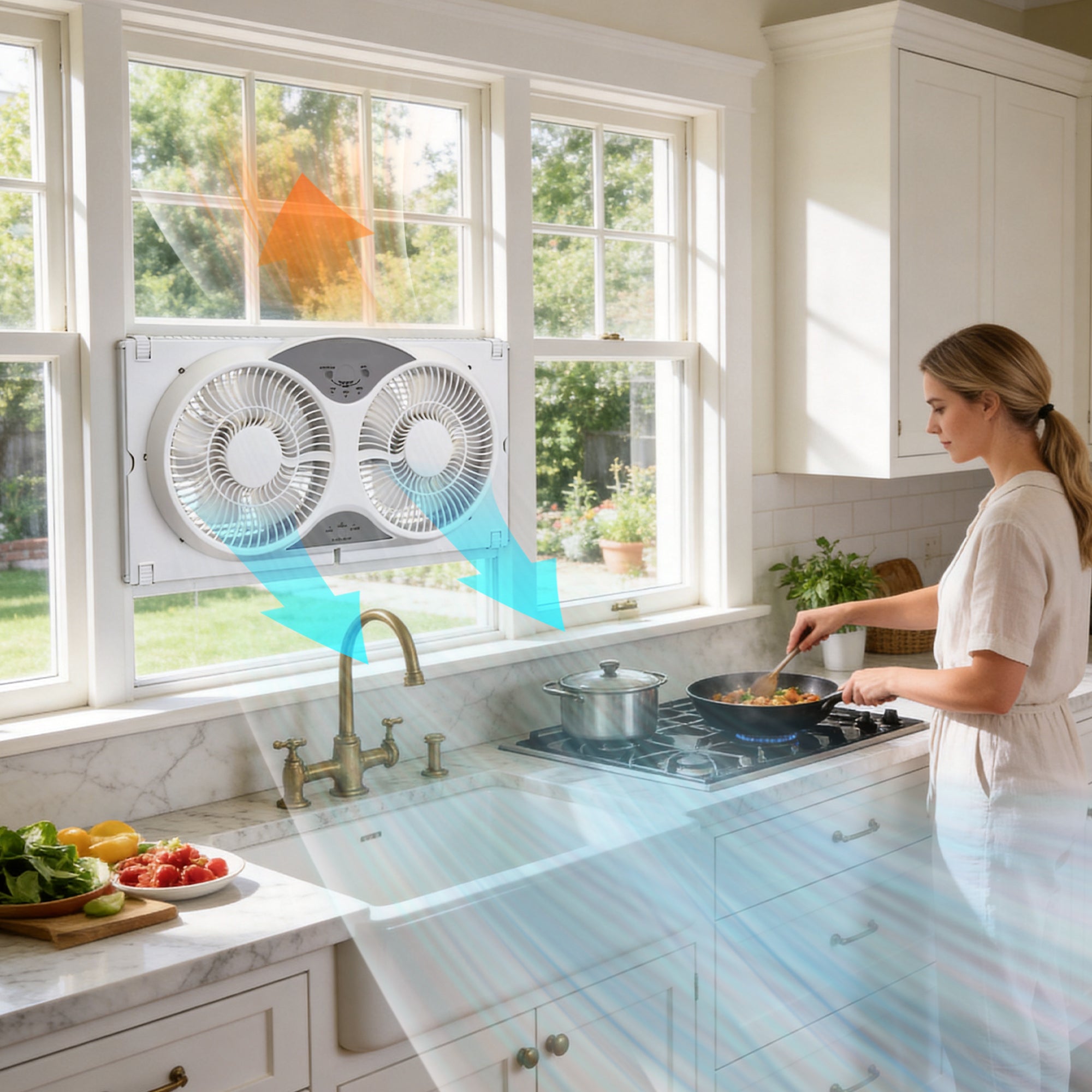 BEYOND BREEZE 9" Twin Window Fan with Reversible Airflow, 3-Speed Expandable Exhaust Fan with Remote Control for Home and Kitchen
