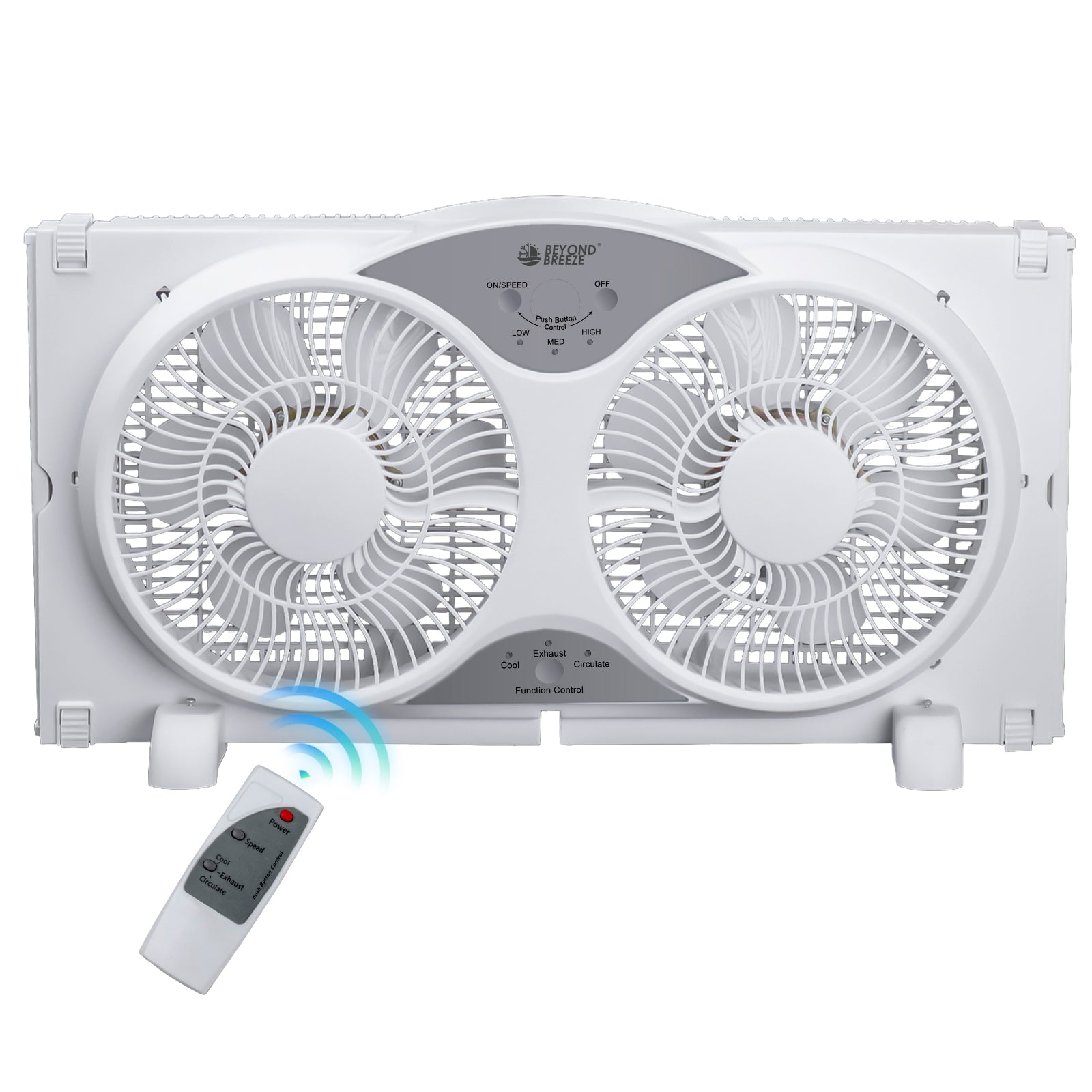 BEYOND BREEZE 9 inch Blades Twin Window Fan, 3-Speed 3-Function Expandable Dual Window Fan with Reversible Airflow Blades and Remote Control for Kitchen, Home, Bathroom, Width Adjustable